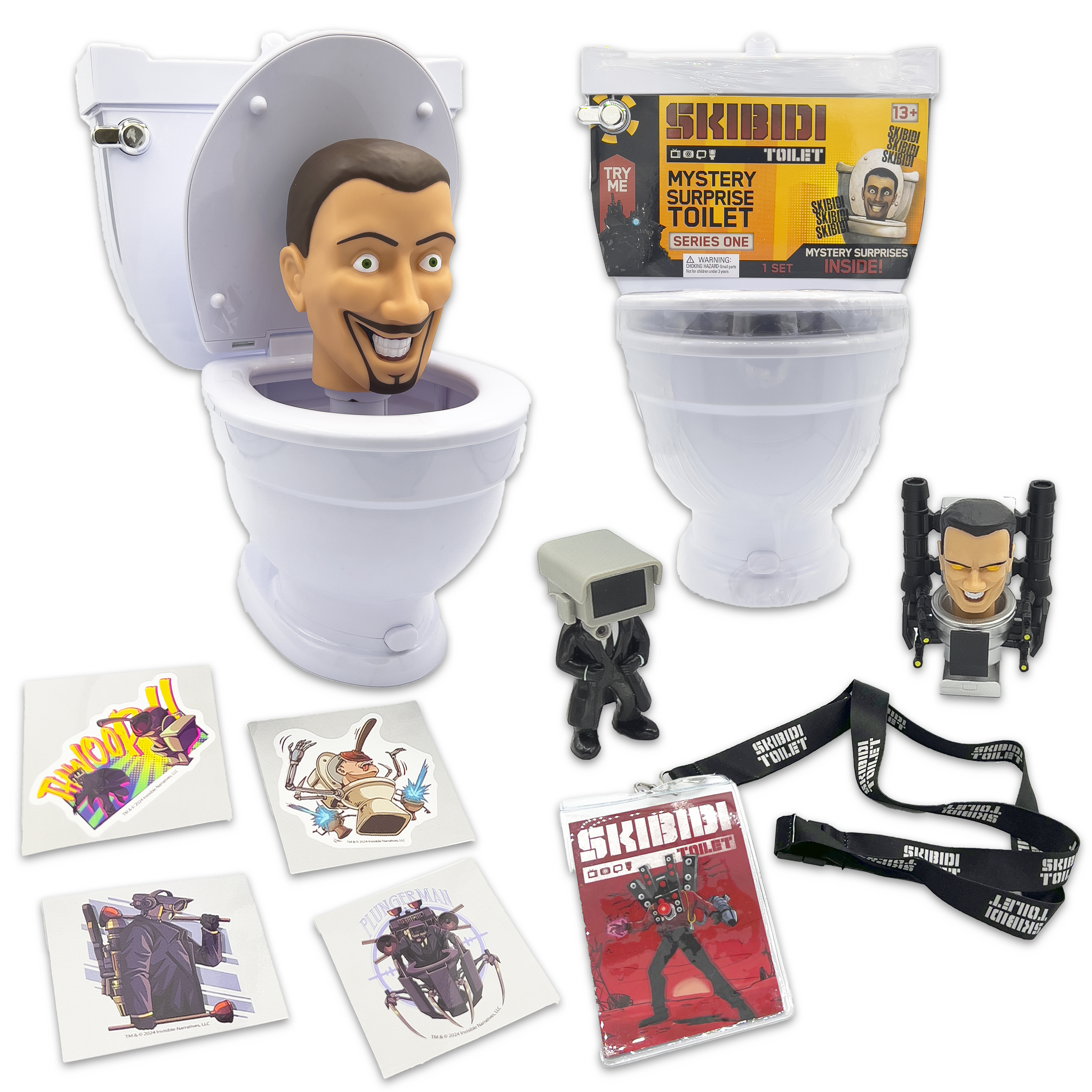 Das Bild zeigt eine Spielzeugtoilette mit einem Kopf, verschiedene Figuren, Aufkleber, ein Schlüsselband und eine Mystery-Box.