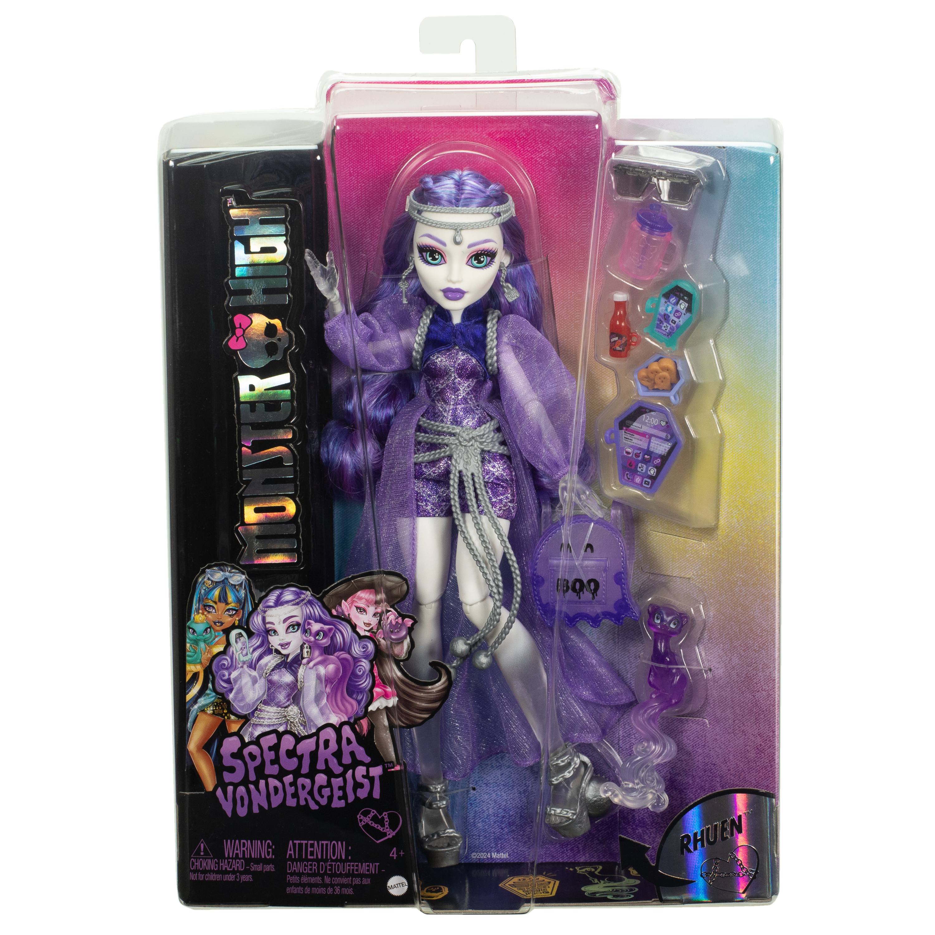Lalka Monster High Spectra Vondergeist w przezroczystym plastikowym opakowaniu. Widoczna fioletowa sukienka, długie włosy i akcesoria.