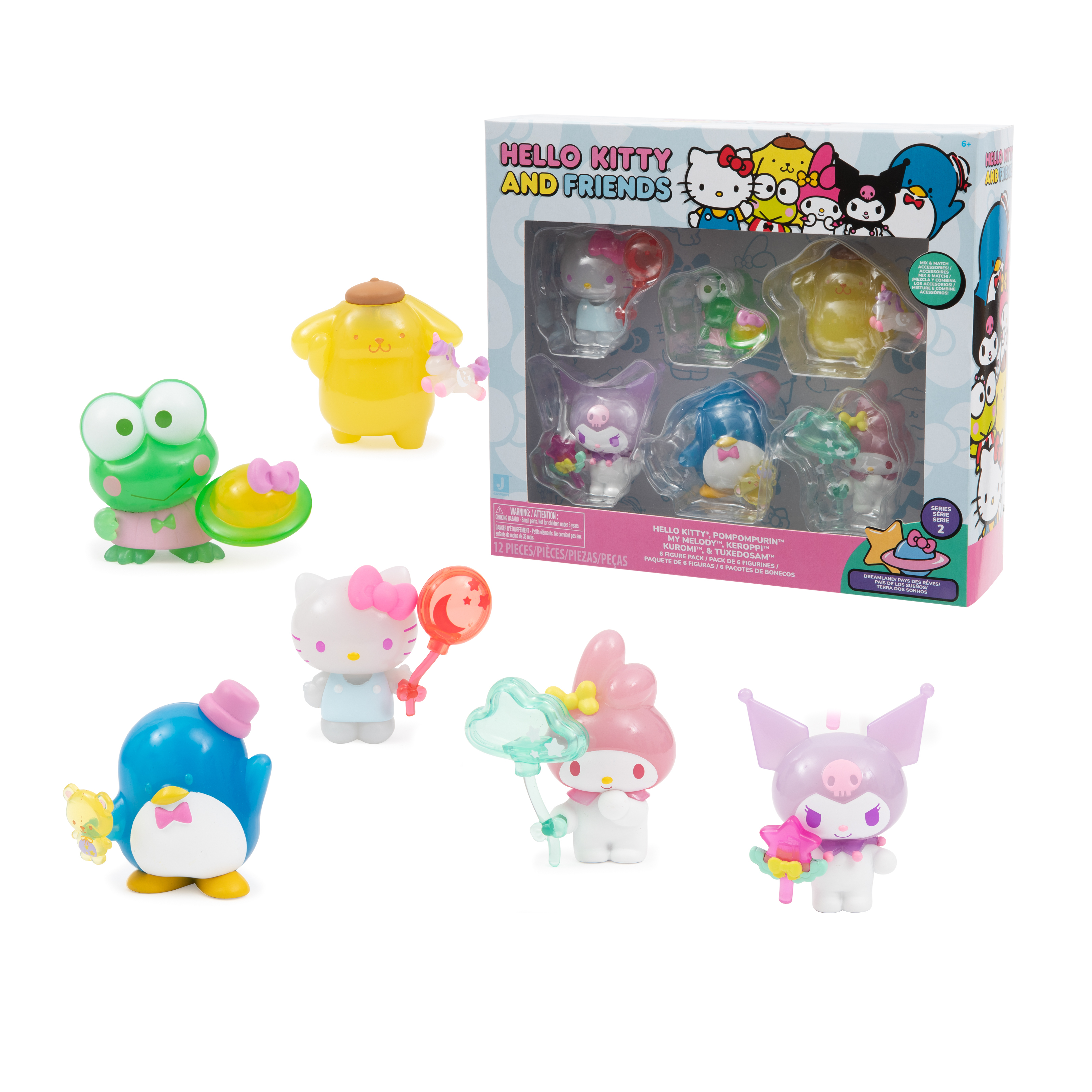 Un juego de juguetes de Hello Kitty y sus amigos. Incluye figuras de Hello Kitty, My Melody y otros personajes.