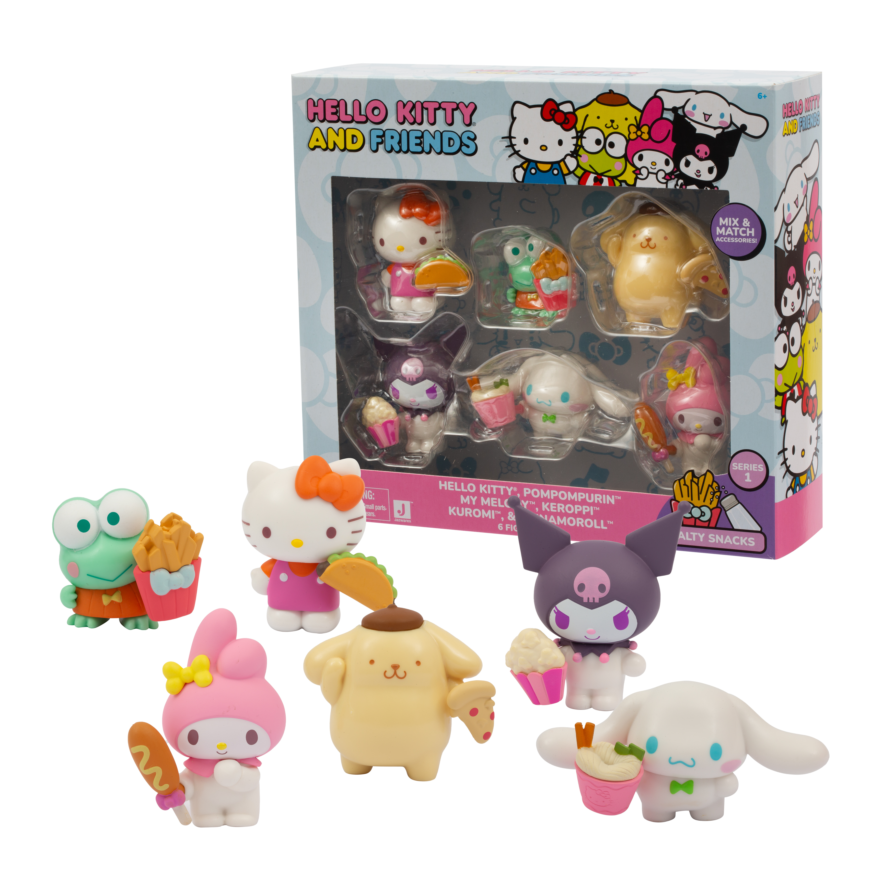 Un juego de juguetes de Hello Kitty and Friends con figuras que sostienen bocadillos. La caja dice 'Hello Kitty and Friends'.