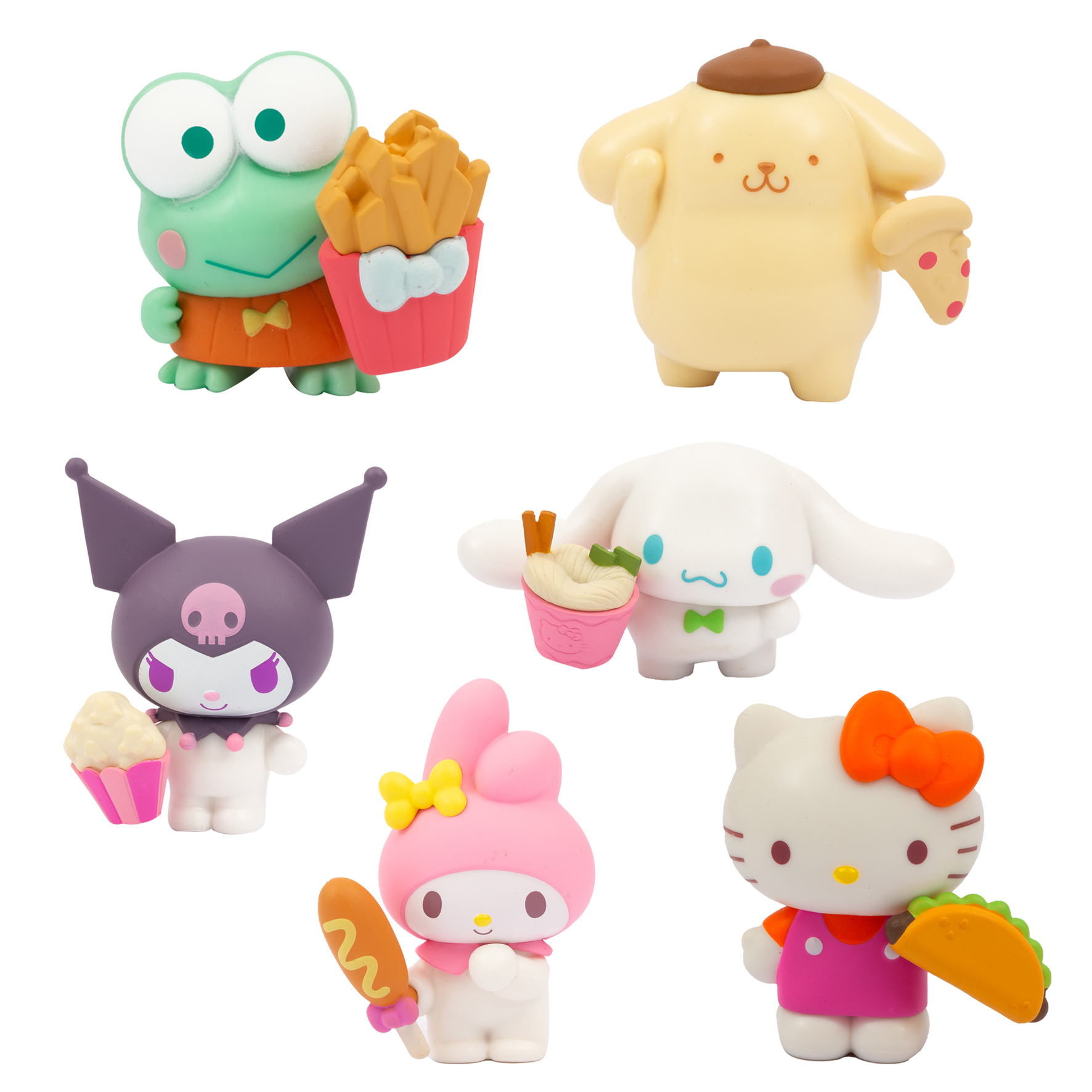 Seis personajes de Sanrio sosteniendo comida como papas fritas, pizza, cupcake, fideos, perro de maíz y taco. Todos son coloridos.