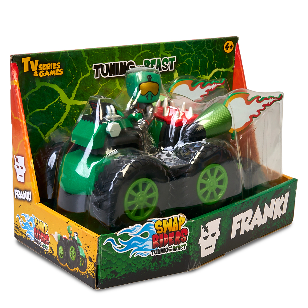 Ein Spielzeugauto in einer Schachtel, grün und schwarz, mit einer Fahrerfigur. Auf der Schachtel steht 'Tuning Beast'.