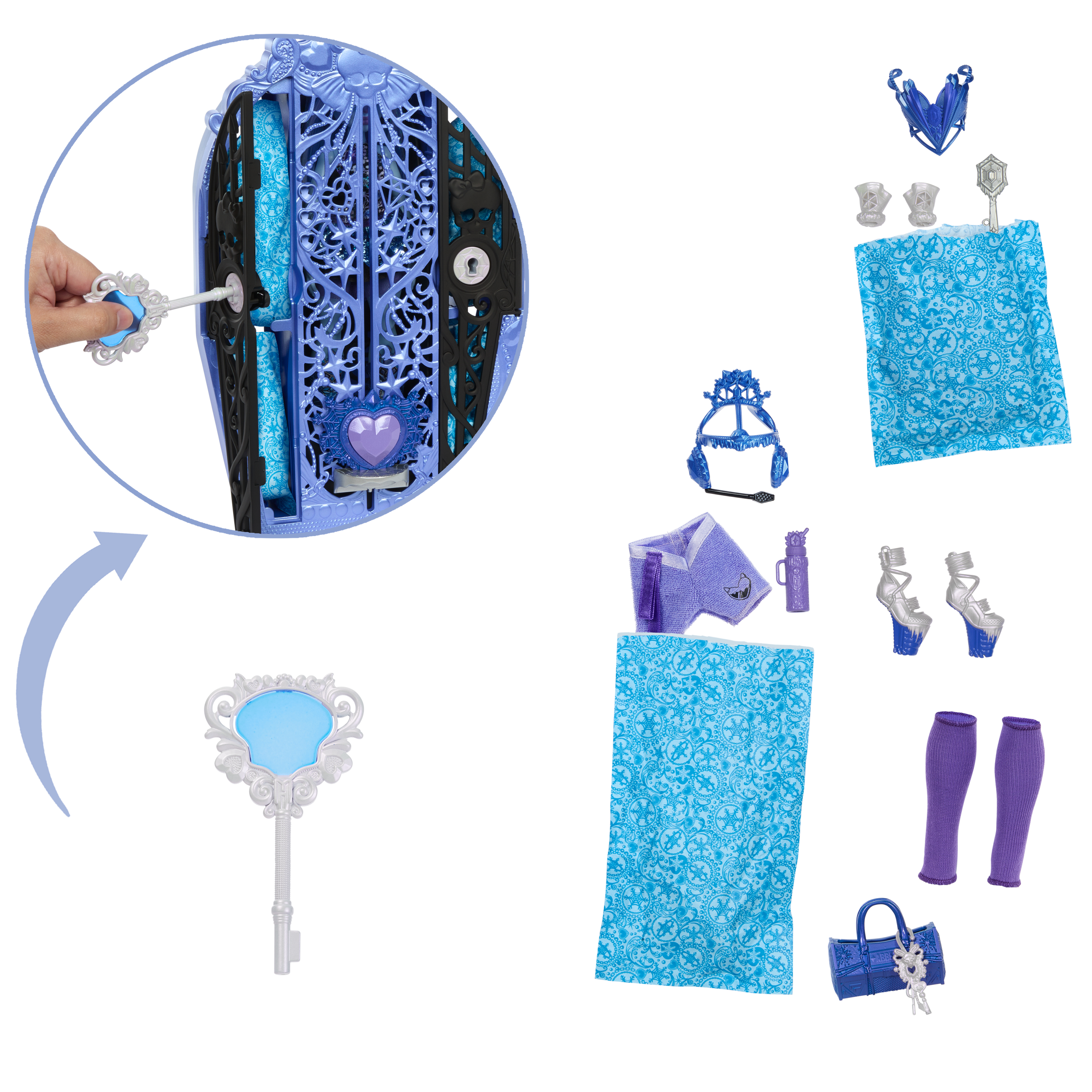 Zestaw do zabawy dla lalek z akcesoriami. Zawiera klucz, łóżko, buty, torbę i inne przedmioty. Schemat kolorów to niebieski i fioletowy.