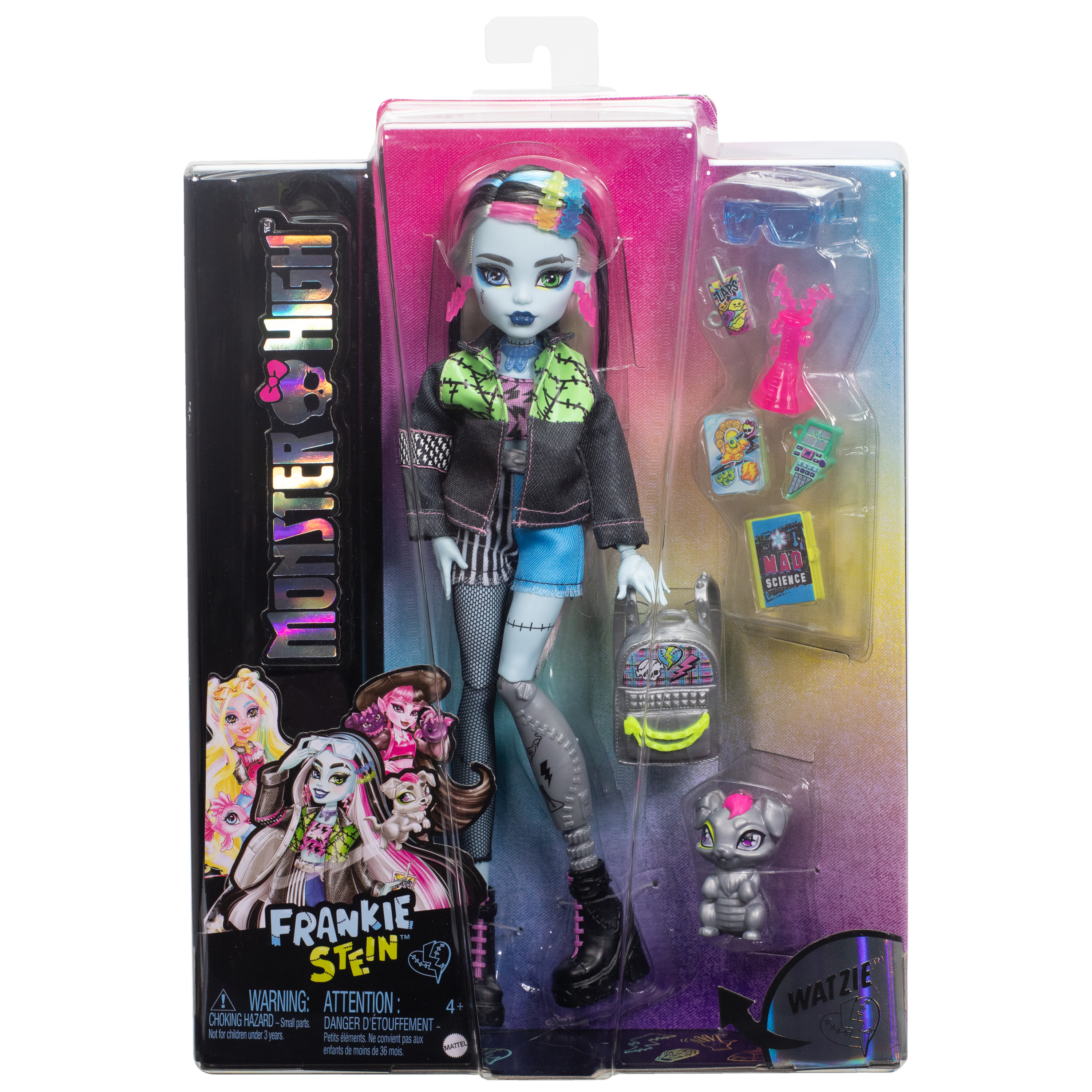 Lalka Frankie Stein z Monster High w opakowaniu. Akcesoria to okulary, książki i zwierzątko. Tło jest różowe i niebieskie.