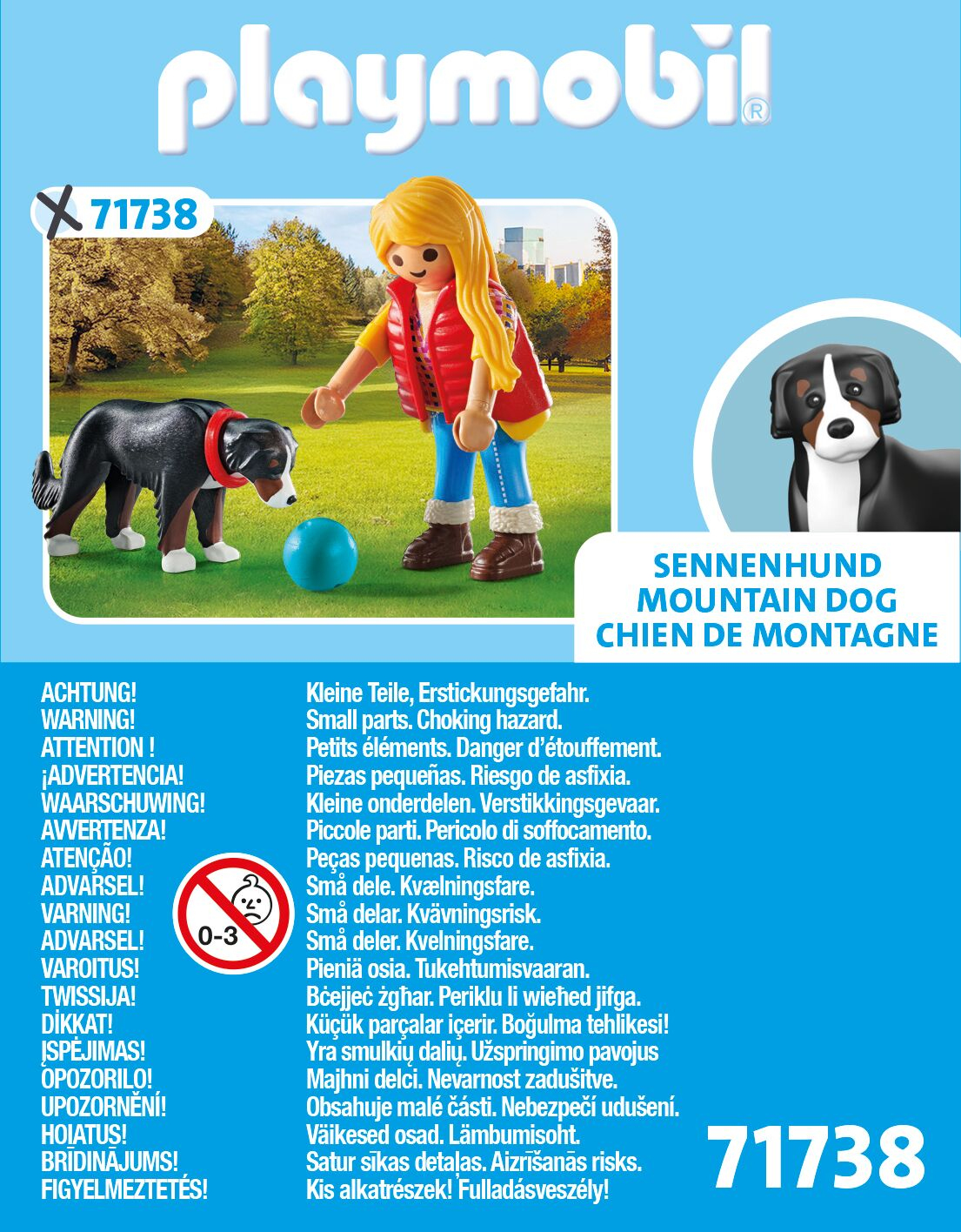 Zestaw Playmobil z dziewczynką, psem i piłką. Zawiera symbole ostrzegawcze i zakres wieku 0-3.