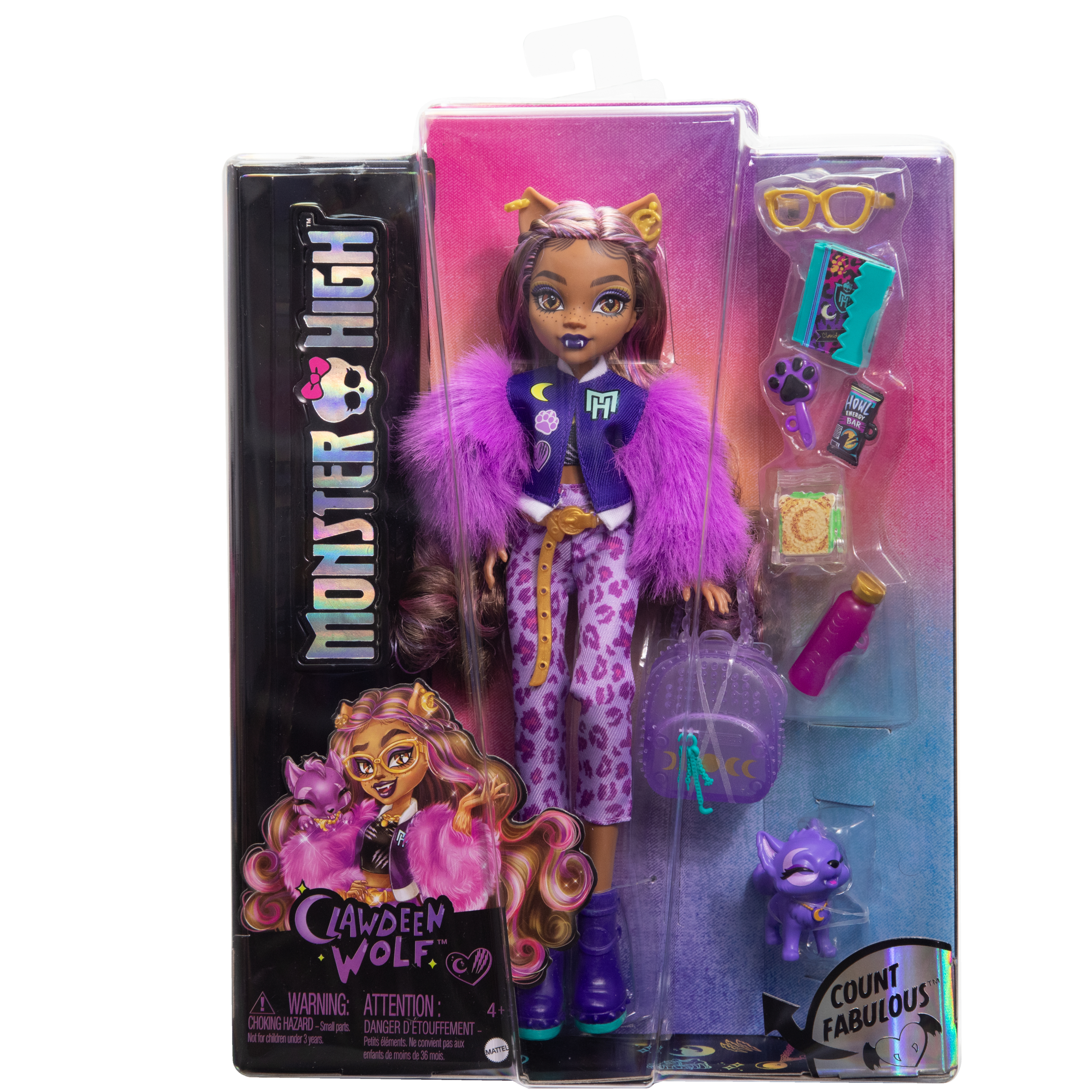 Lalka Monster High Clawdeen Wolf w opakowaniu. Zawiera akcesoria, takie jak okulary, torba i fioletowa figurka wilka.