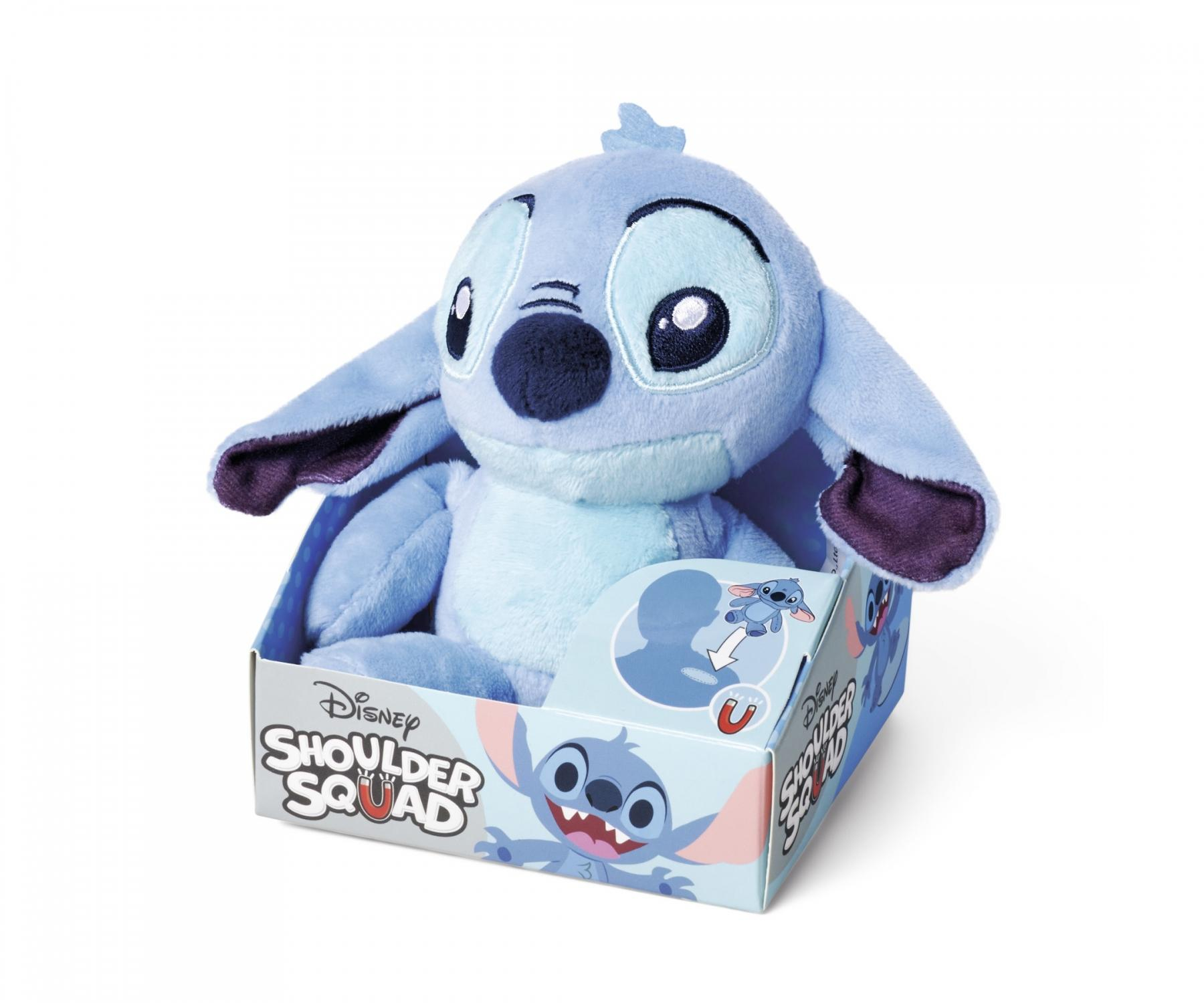 Niebieska pluszowa zabawka Stitch w pudełku. Na pudełku napis 'Disney Shoulder Squad'. Stitch ma duże uszy i oczy.