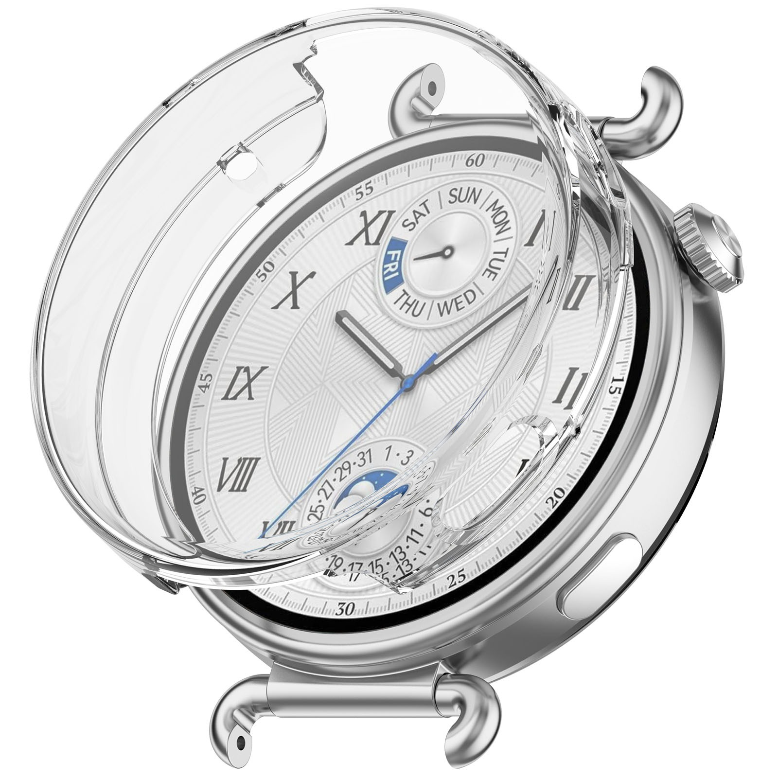Un orologio da polso argentato con copertura trasparente. Il quadrante ha numeri romani e calendario.