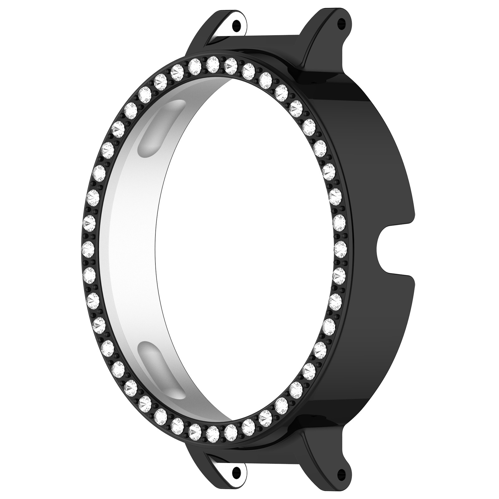 Una lunetta nera per orologio con un anello di cristalli trasparenti e scintillanti. L'anello interno è argentato, la lunetta ha anse.
