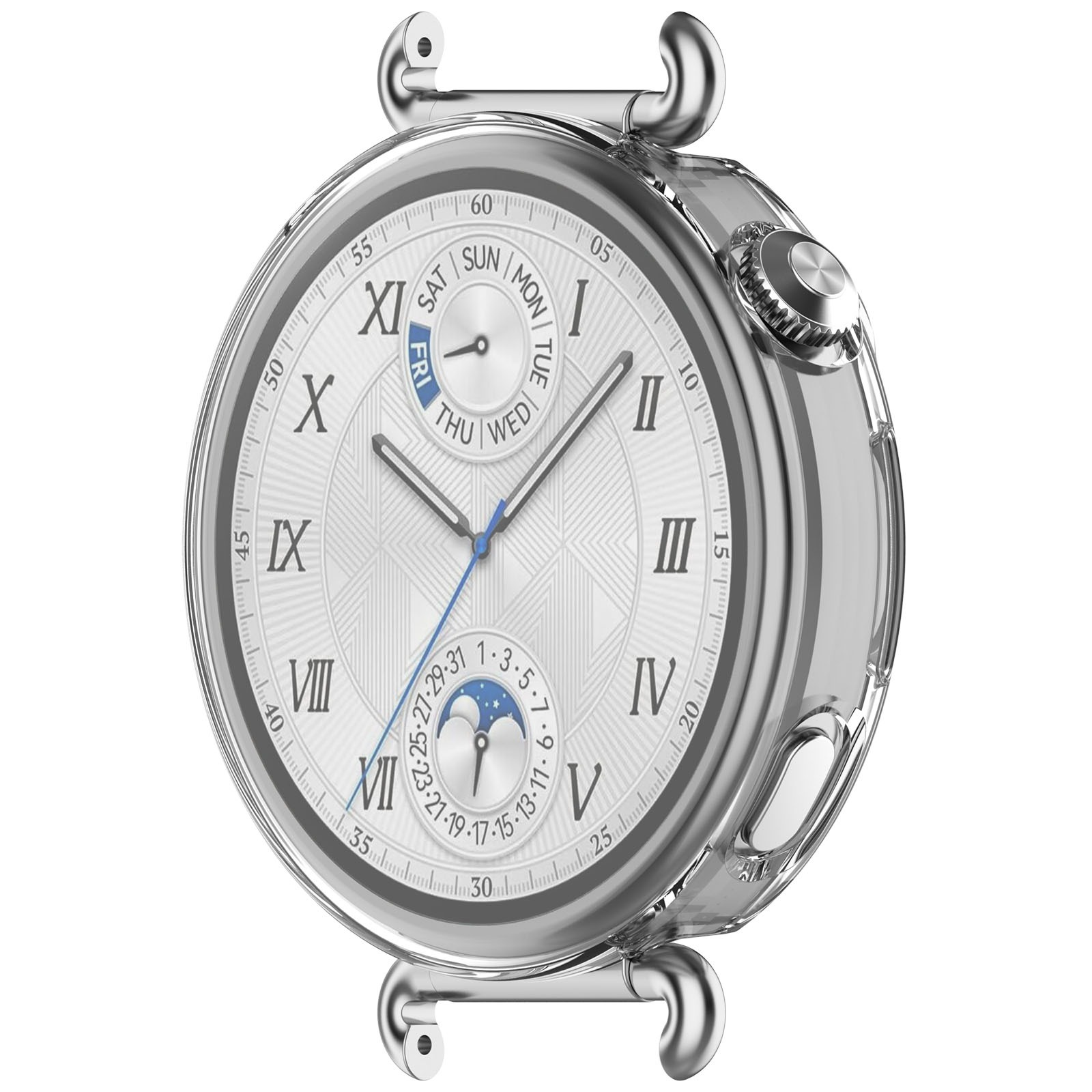 Un orologio da polso argentato con numeri romani e quadranti multipli. Presenta una lancetta blu e un quadrante dettagliato e strutturato.