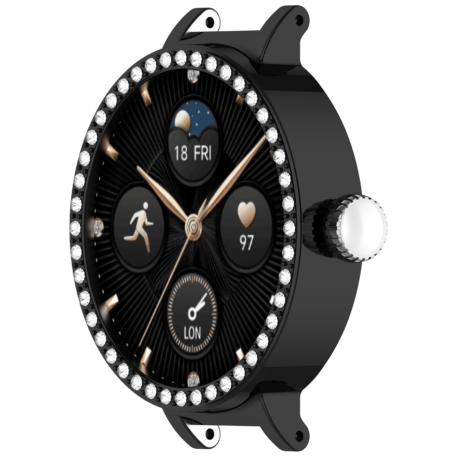 Smartwatch nera con lunetta di diamanti, lancette dorate e varie icone sul display.