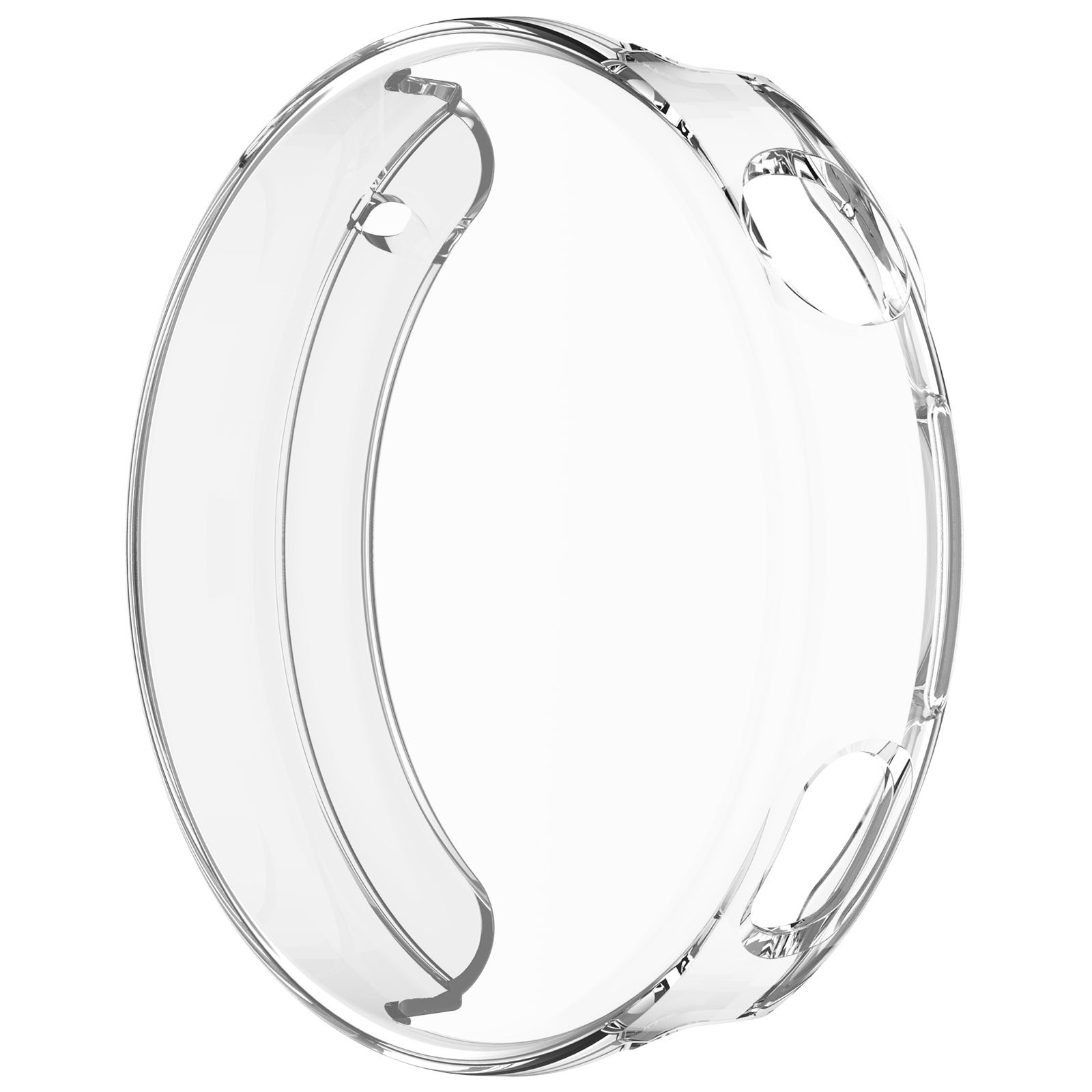 Custodia per orologio in plastica trasparente. Forma arrotondata con fori per i pulsanti. Sfondo bianco.
