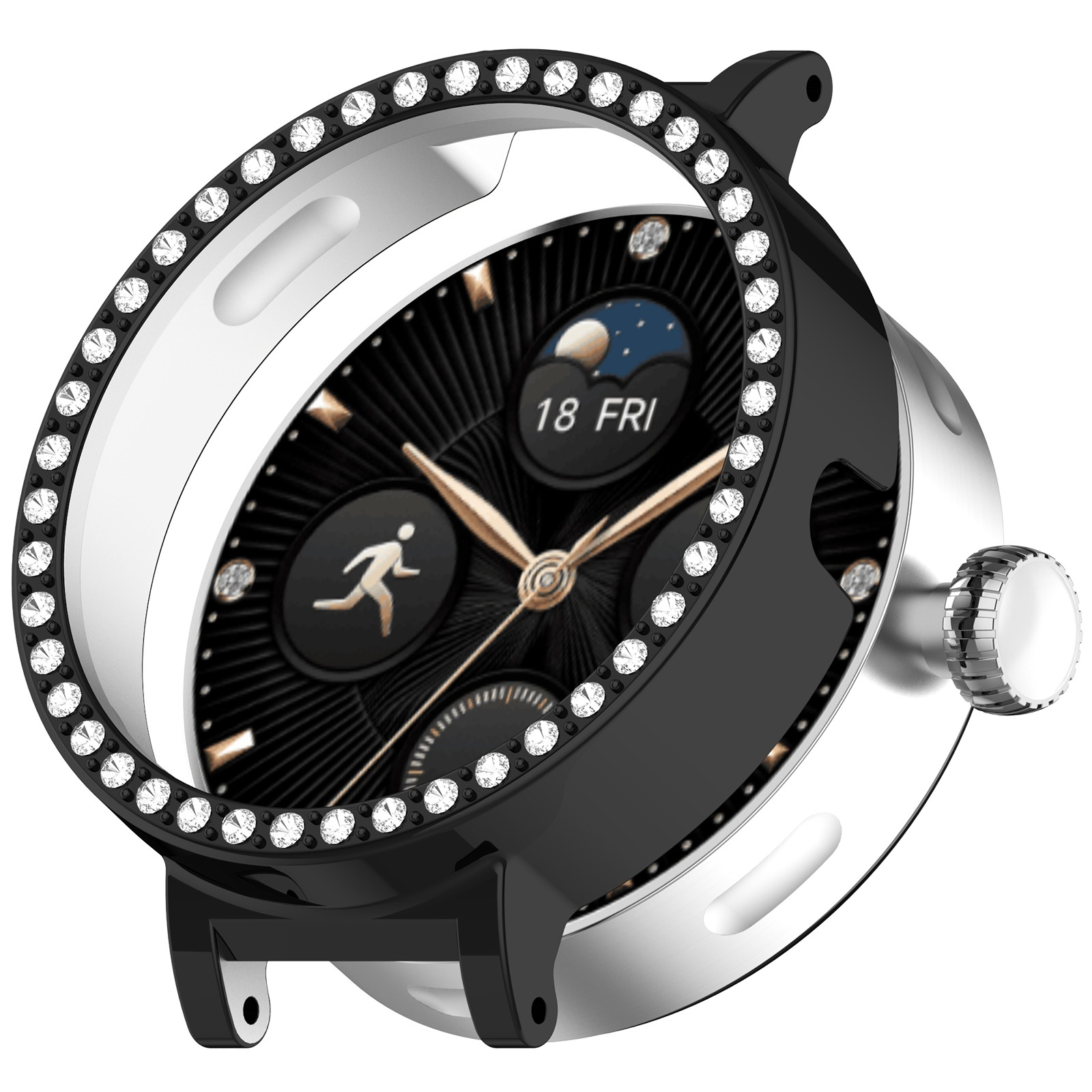 Uno smartwatch nero e argento con quadrante nero. Ha lancette dorate, una lunetta tempestata di diamanti e un'icona di corsa.