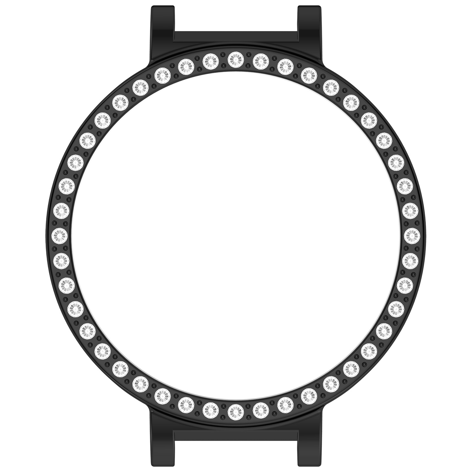 Una lunetta nera dell'orologio, un cerchio di diamanti e due prolungamenti neri sopra e sotto.
