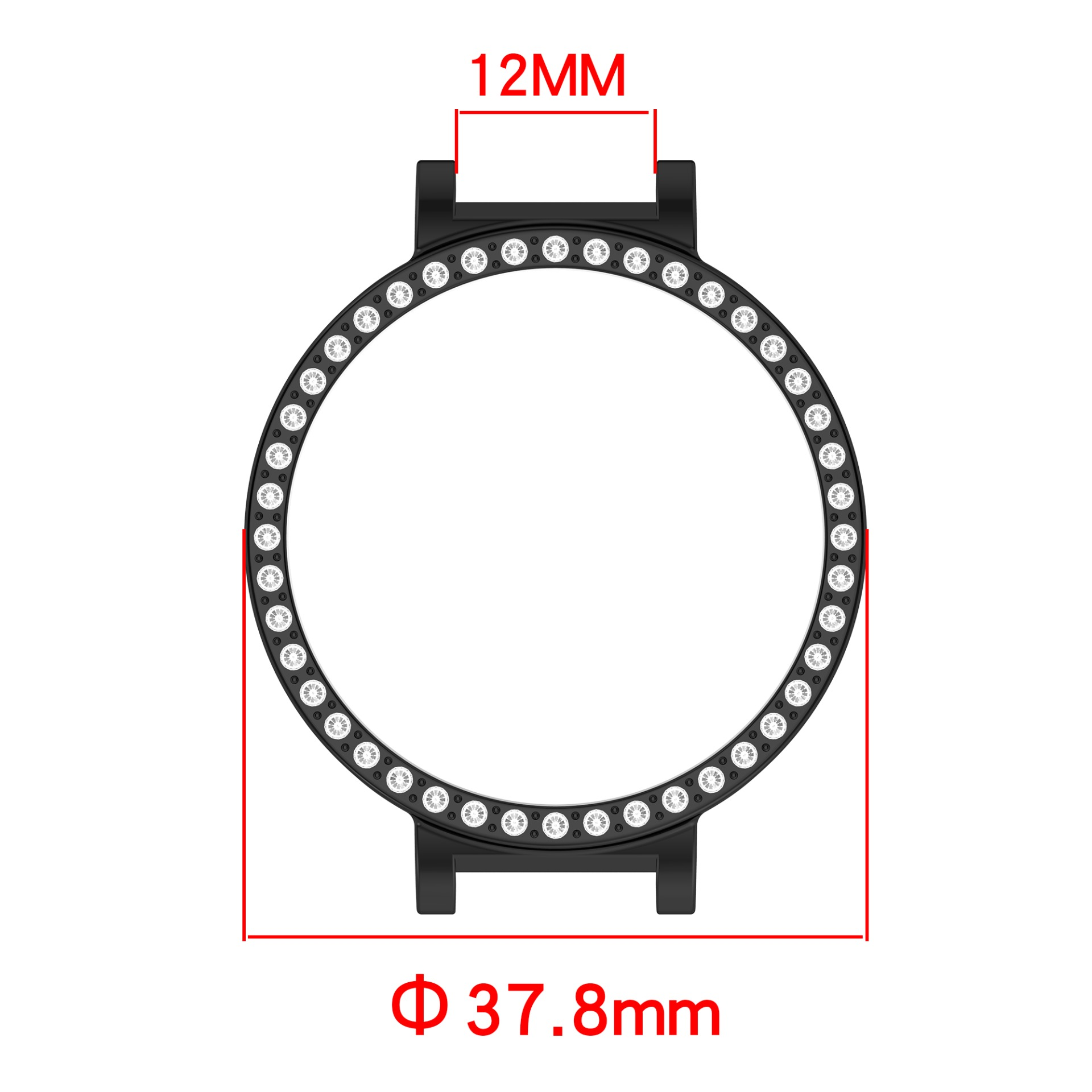 Una lunetta nera per orologio con gemme incastonate. Linee rosse indicano le dimensioni: 12 mm e 37,8 mm di diametro.