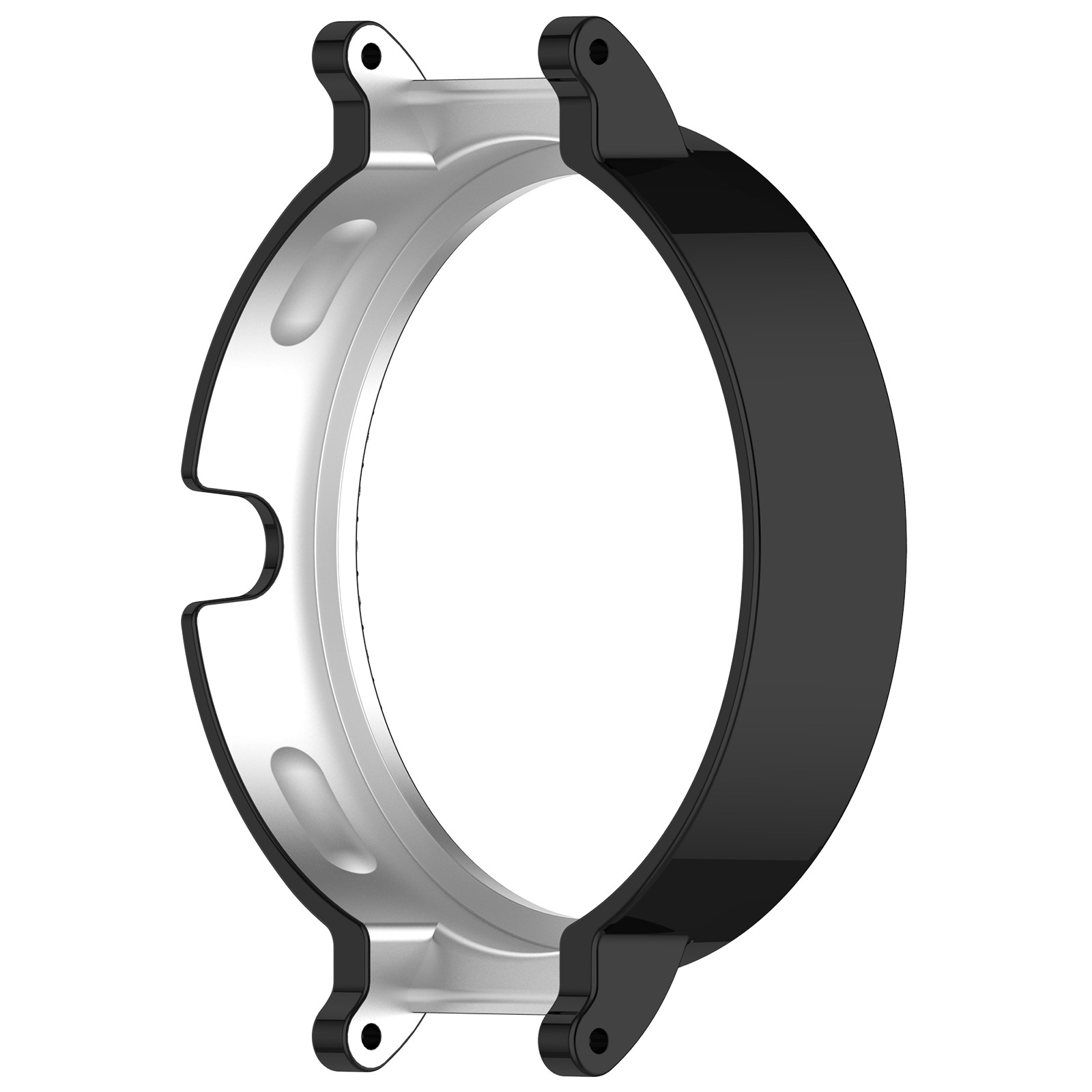 Una lunetta dell'orologio, interno argento, esterno nero. Ha una forma circolare, con due anse e un'apertura per il quadrante.