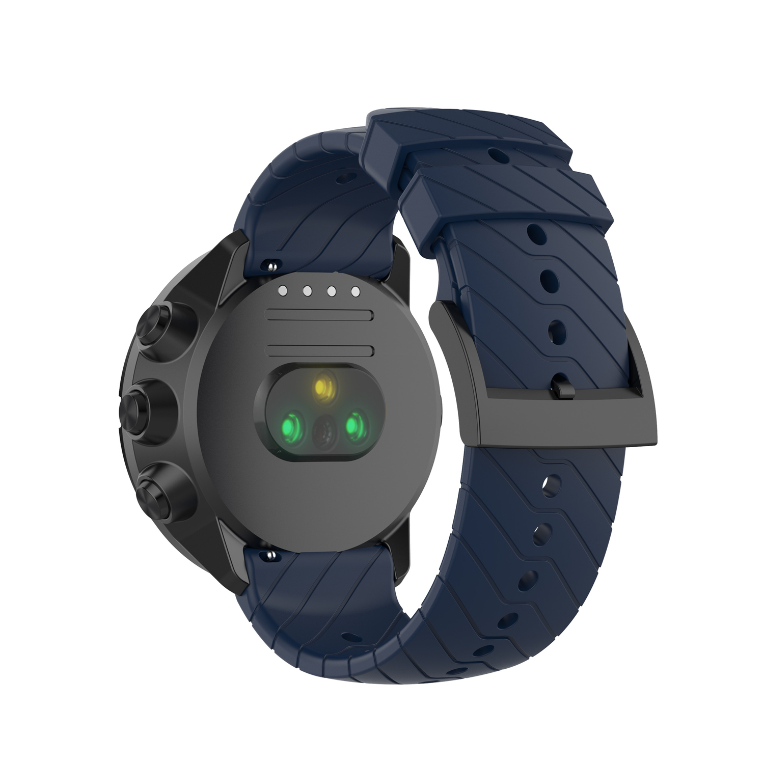 Niebieski smartwatch, widok z tyłu, pokazujący czujnik tętna. Zegarek ma ciemnoszarą obudowę i niebieski pasek z czarną klamrą.