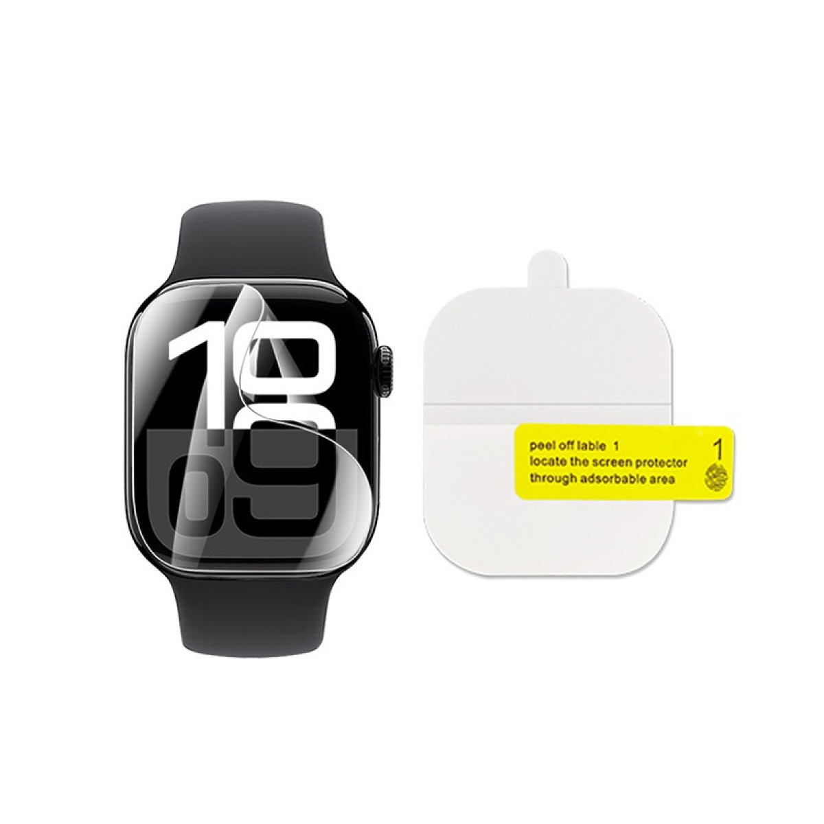 Smartwatch nero con protezione schermo e adesivo bianco. L'orologio mostra l'ora e l'adesivo contiene istruzioni.