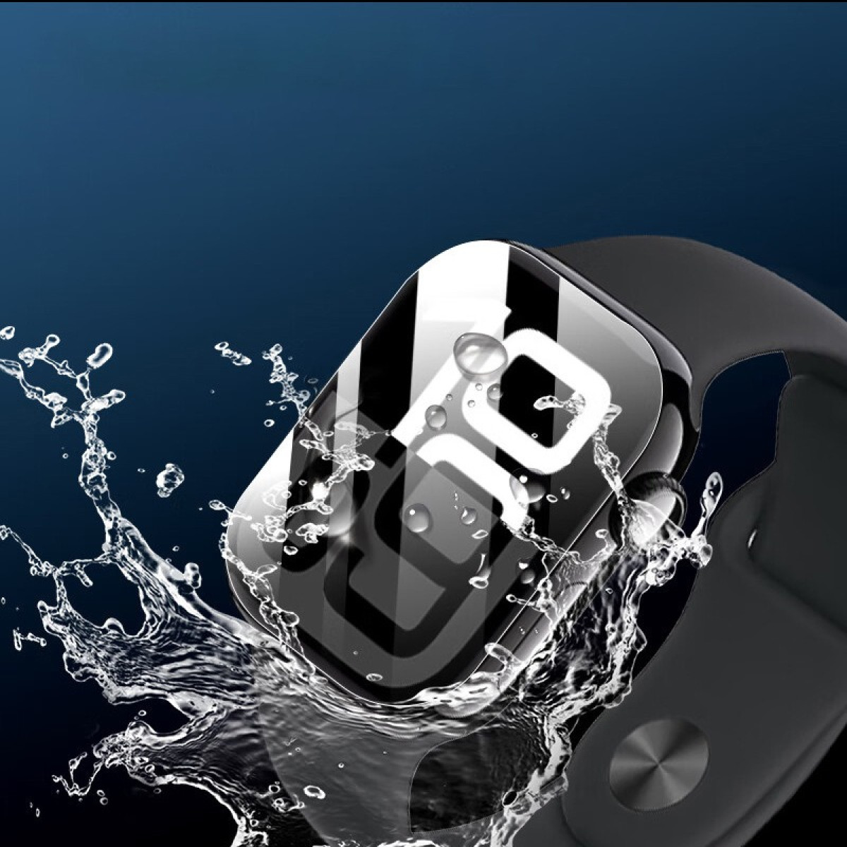 Uno smartwatch nero con display digitale bianco viene spruzzato con acqua su uno sfondo blu scuro.