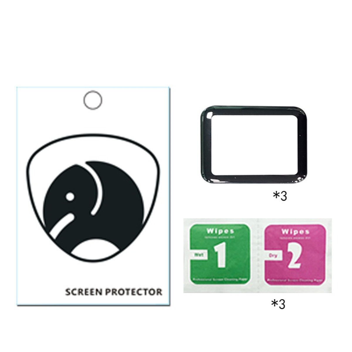 Un kit proteggi schermo. Include una protezione schermo, una cornice nera e salviette detergenti, il tutto su sfondo bianco.