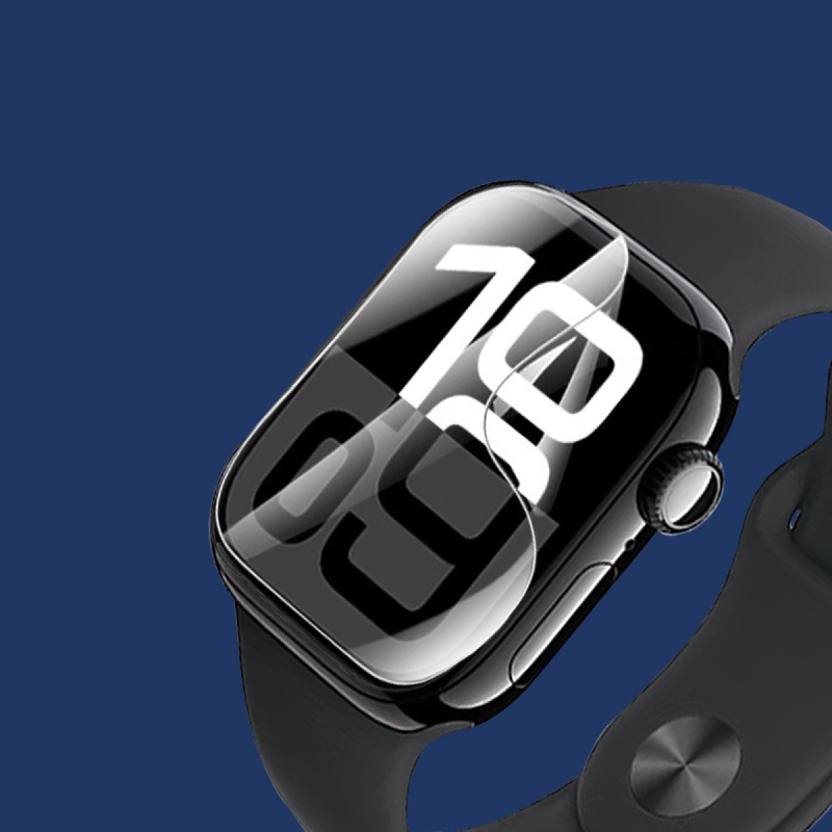 Uno smartwatch nero mostra '09 10' sullo schermo. L'orologio ha un cinturino nero su sfondo blu.