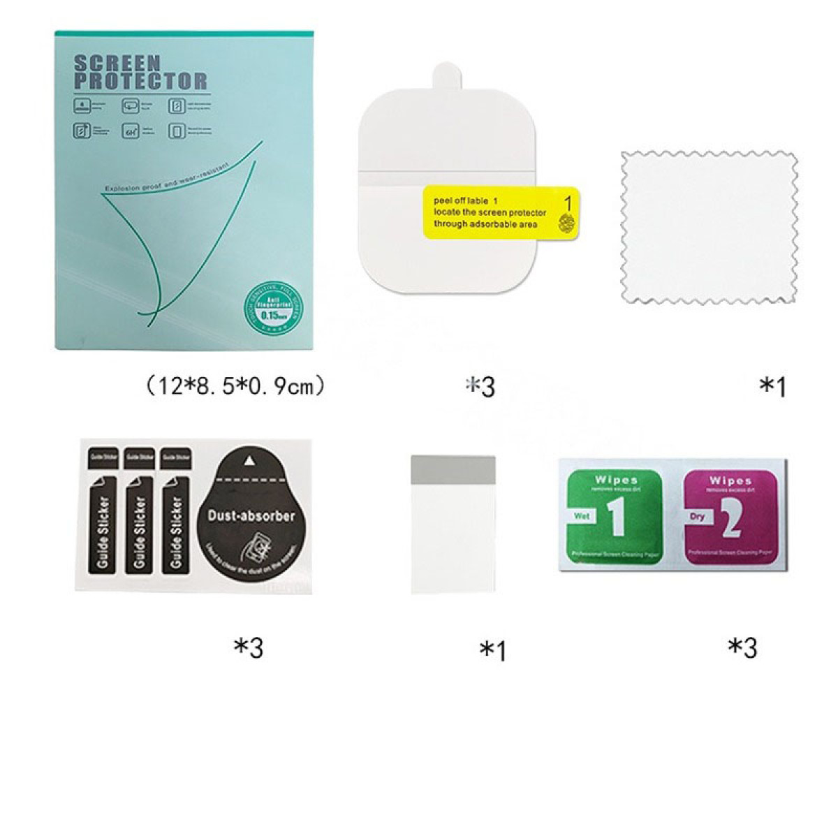 Un kit proteggi schermo con vari accessori: proteggi schermo, salviette, adesivi guida, assorbitore di polvere e panno.