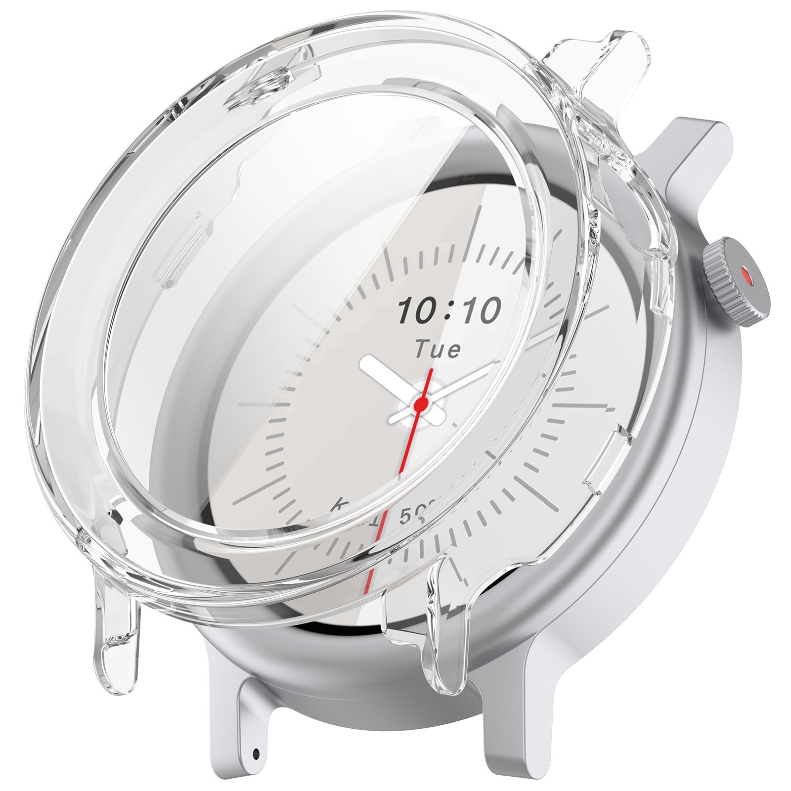Eine weiße Armbanduhr mit transparentem Deckel zeigt 10:10 Uhr am Dienstag. Ein roter Sekundenzeiger ist sichtbar.