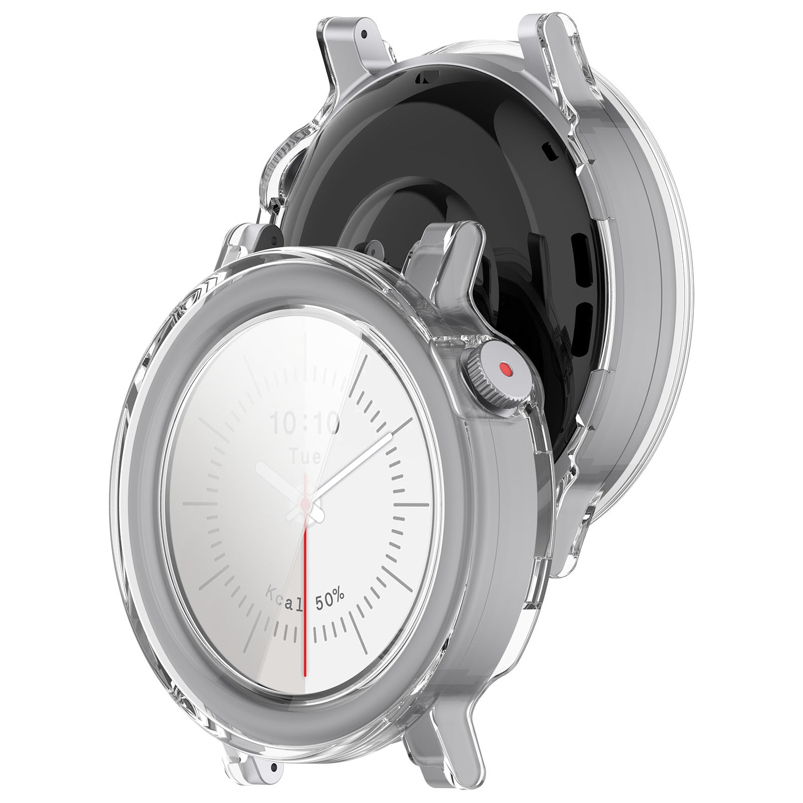 Eine transparente Uhrenhülle mit einem Zifferblatt, das Zeit und Metriken anzeigt. Die Hülle ist geöffnet und gibt das Innere der Uhr frei.