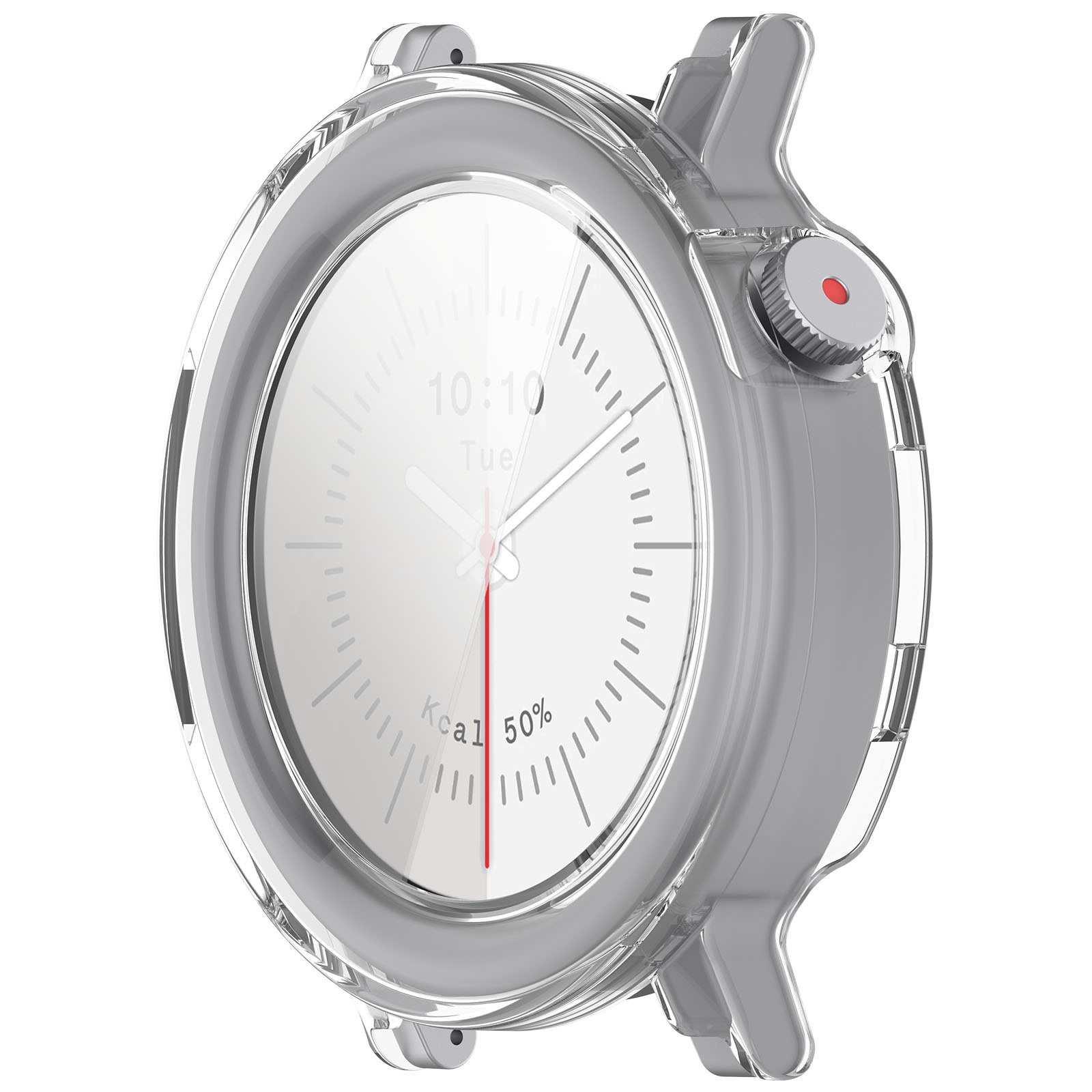 Eine transparente Uhr mit weißem Zifferblatt, das 10:10 Uhr anzeigt. Sie hat einen roten Zeiger und eine rote Linie. Die Lünette ist grau.