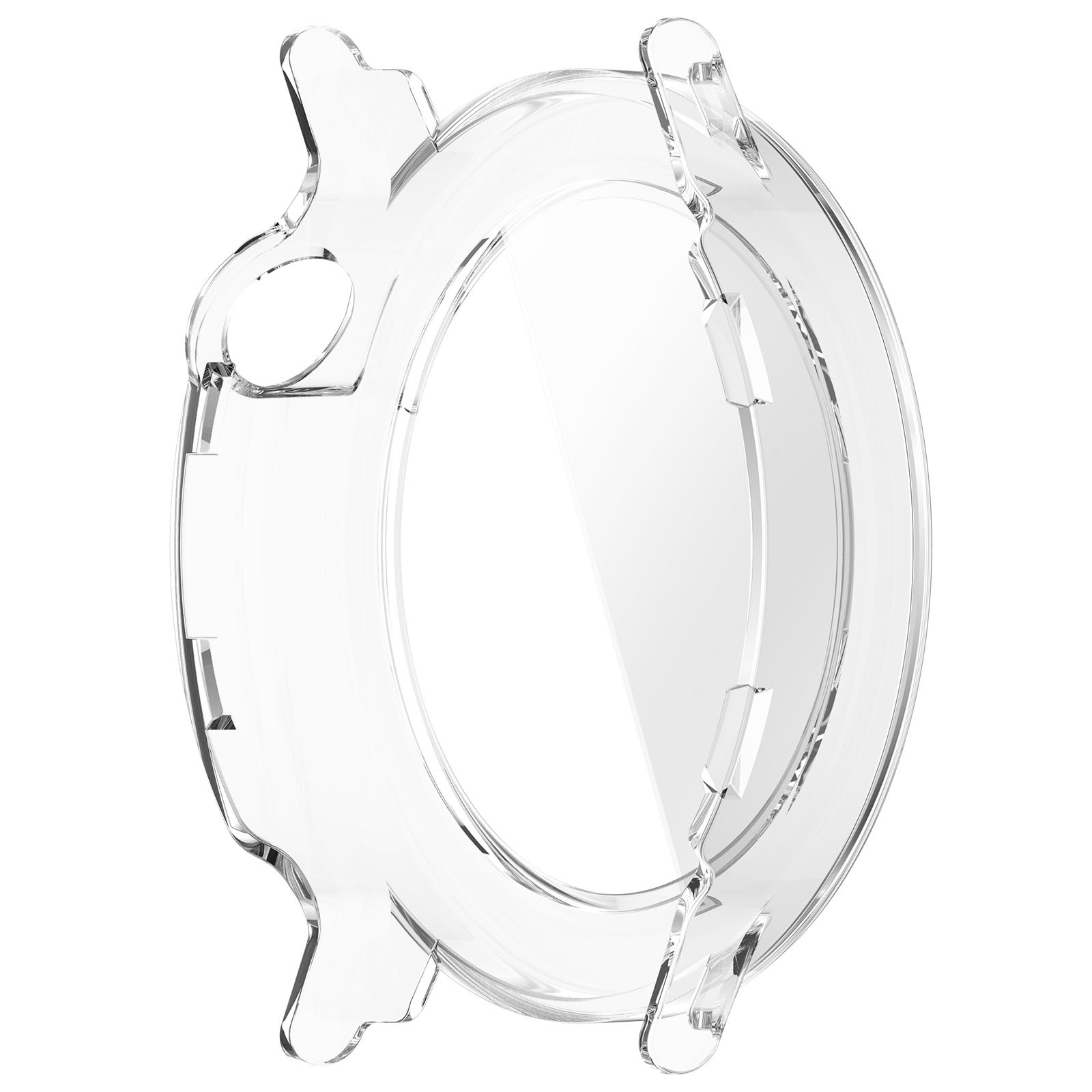 Transparente Uhrengehäuseabdeckung. Sie hat ein kreisförmiges Design mit vorstehenden Abschnitten für Knöpfe und Riemen. Weißer Hintergrund.