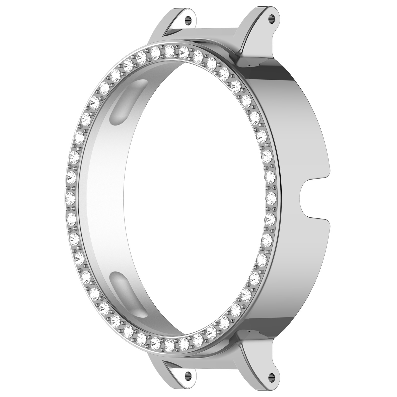 Lunetta per orologio argentata con un anello di cristalli trasparenti. La lunetta ha due piccole anse, su sfondo bianco.