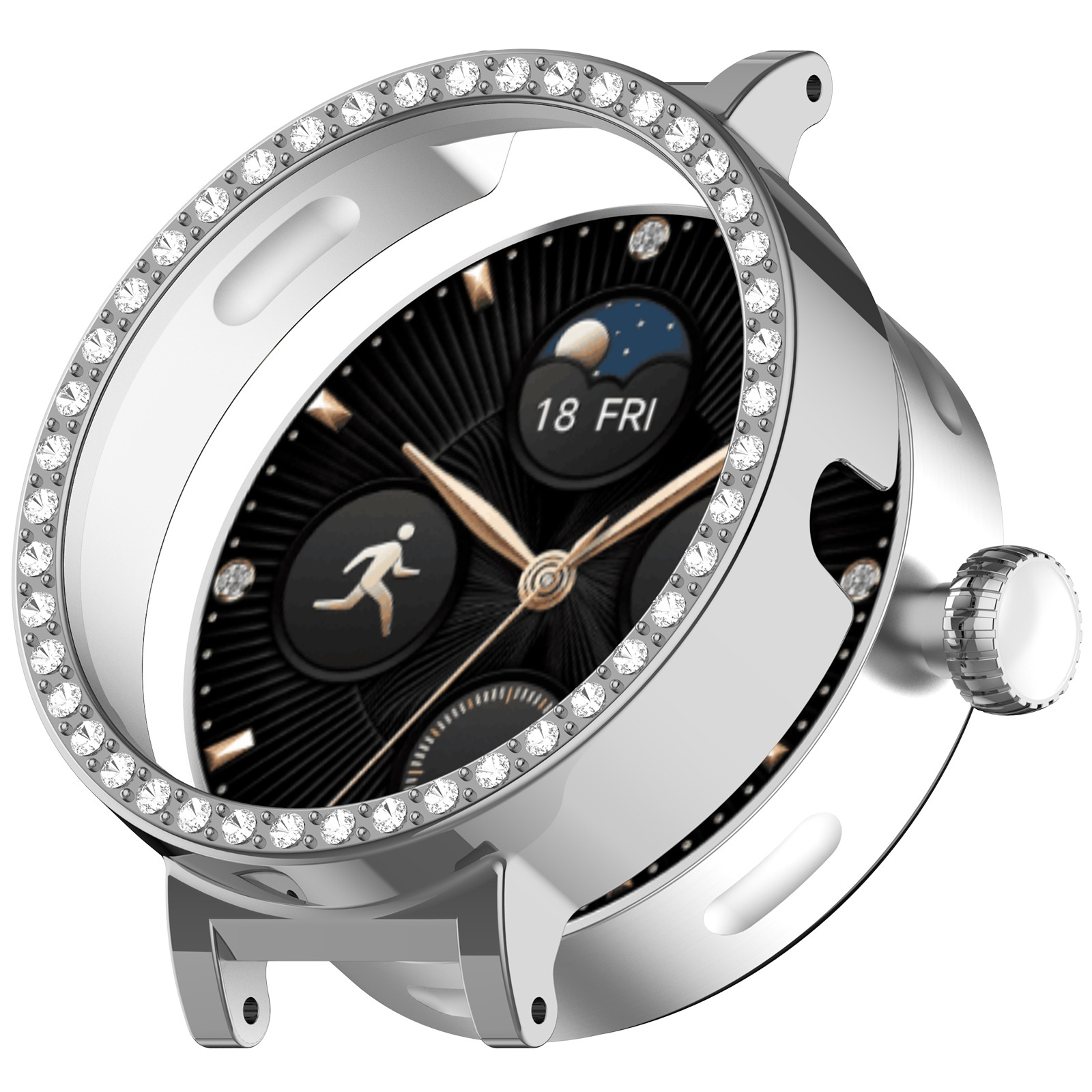 Smartwatch argentato con quadrante nero, lancette dorate e lunetta con diamanti. L'orologio mostra la data e una figura che corre.