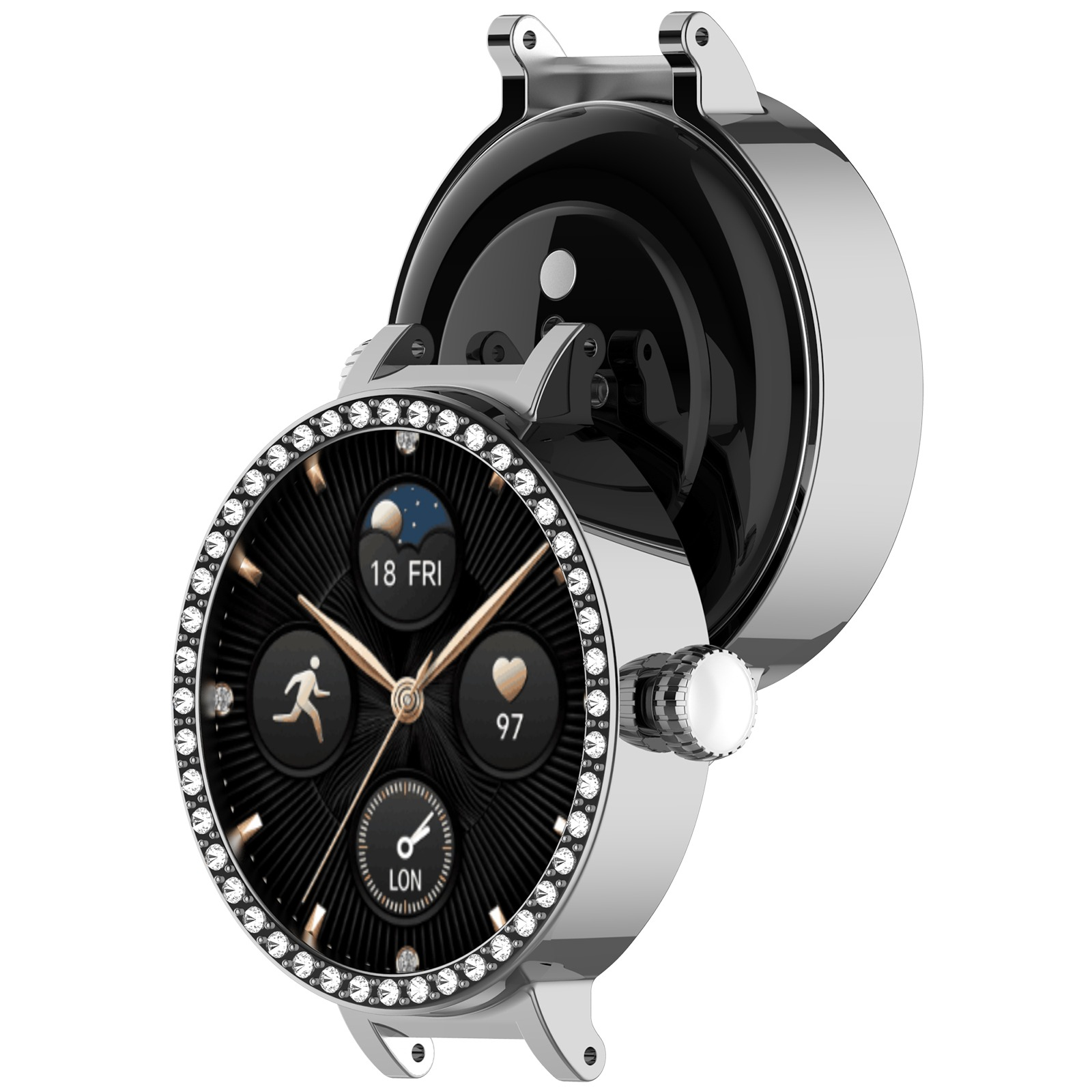 Smartwatch argentato con quadrante nero, lunetta tempestata di diamanti e display visibile con data, ora e metriche.