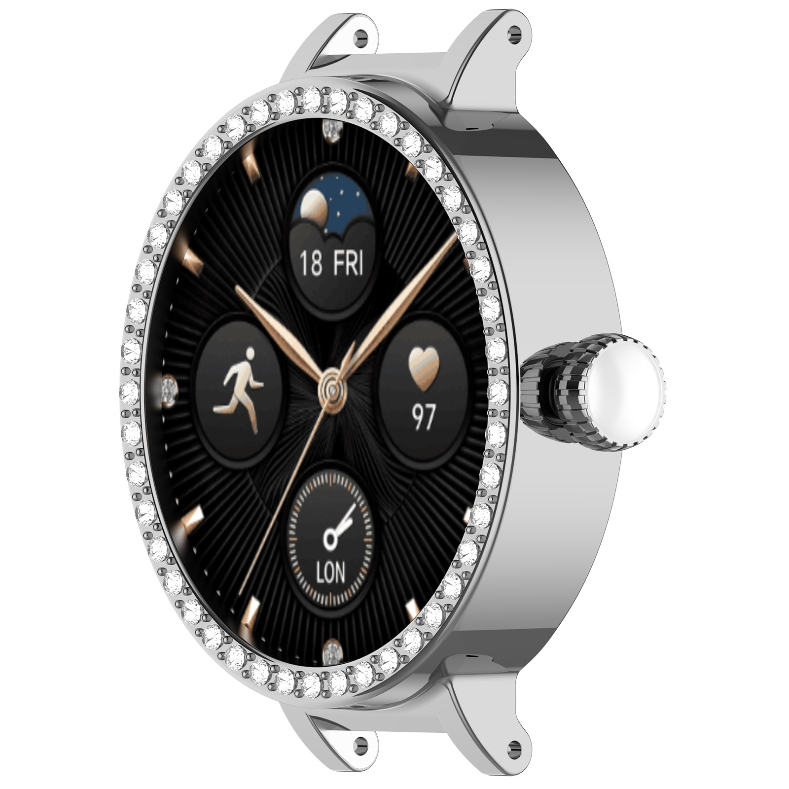 Smartwatch argentato con quadrante nero, lunetta di diamanti e lancette dorate. Mostra data, ora e metriche di salute.