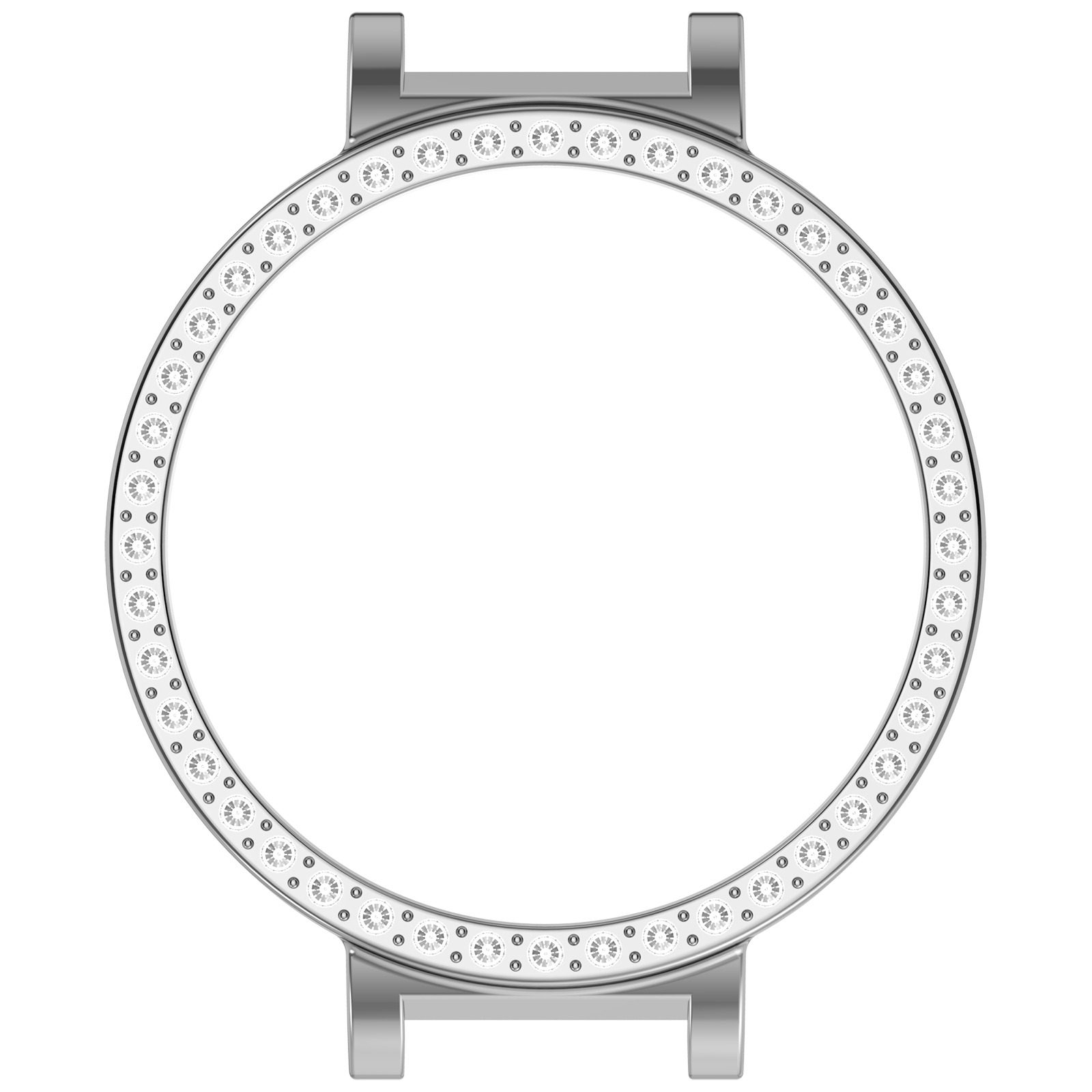 Una lunetta per orologio argentata con un cerchio tempestato di diamanti. Ha due anse argentate in alto e in basso per il fissaggio.