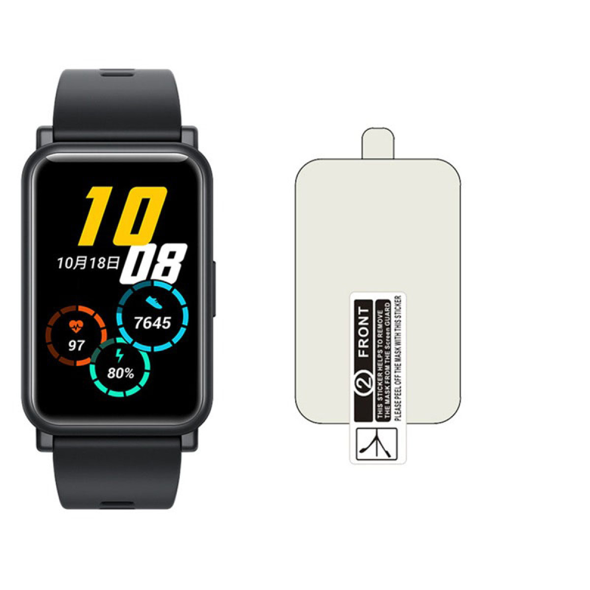 Uno smartwatch mostra data e statistiche. A destra c'è una pellicola protettiva. L'orologio mostra ora, frequenza cardiaca, passi e batteria.
