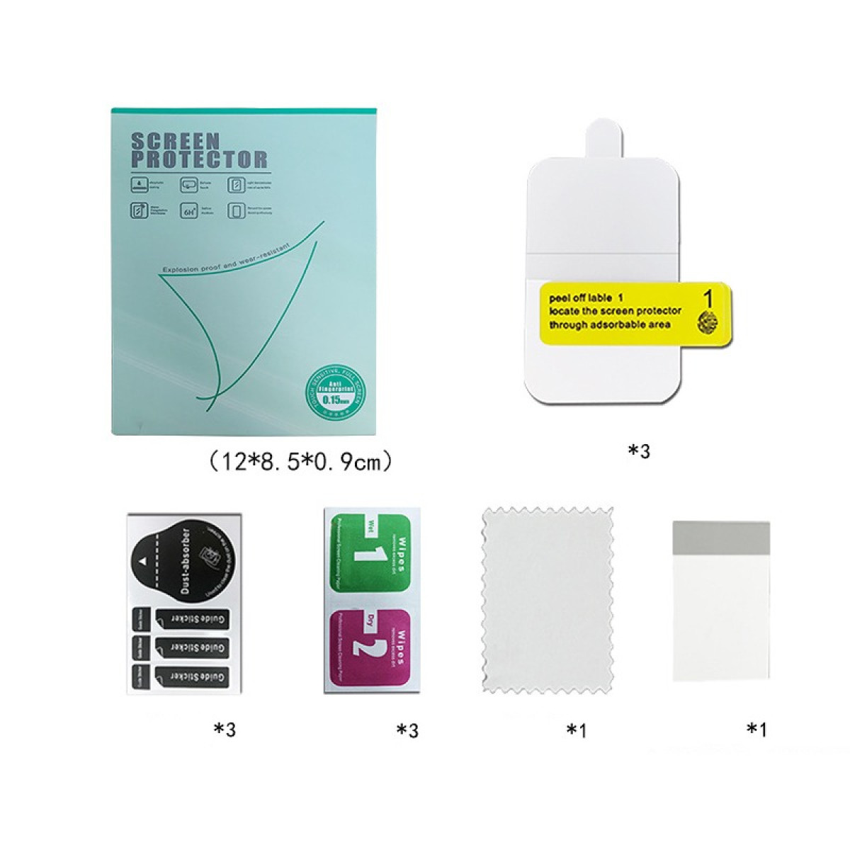 Un kit proteggi schermo con protezione, salviette, adesivi e assorbitore di polvere. Include istruzioni e dimensioni su una superficie bianca.