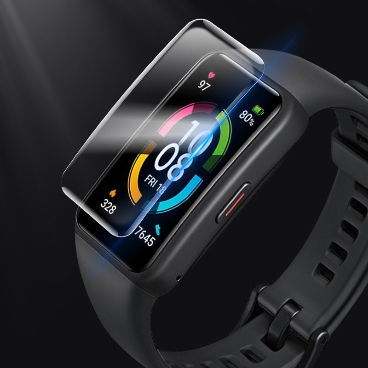 Smartwatch nero con protezione schermo. Mostra ora, data, batteria e attività. Cinturino nero.