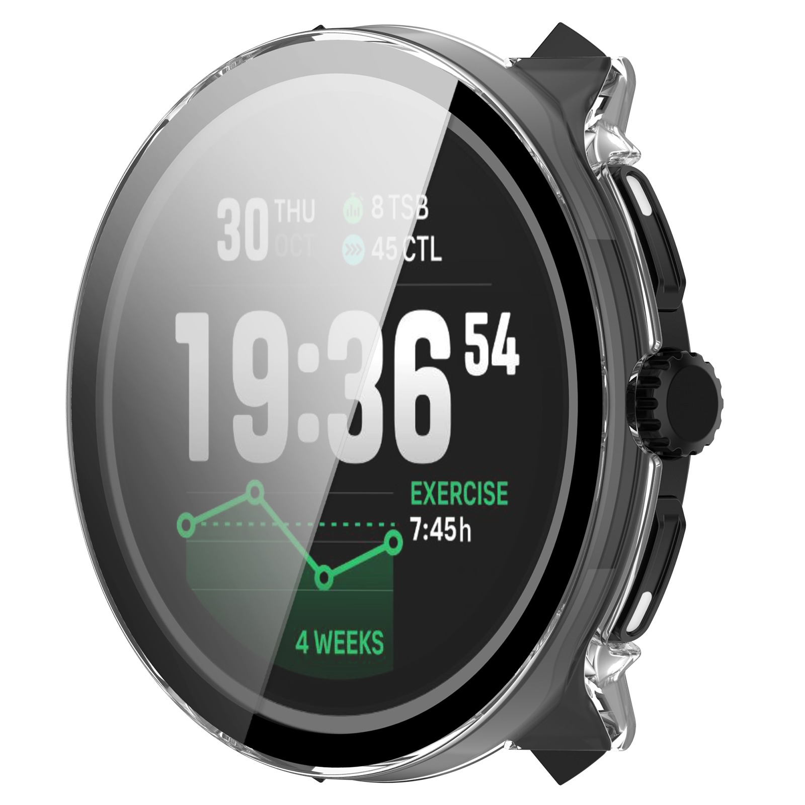 Uno smartwatch mostra ora, data e dati di allenamento. Lo schermo mostra 19:36 e 7:45h di allenamento. Orologio nero e grigio.