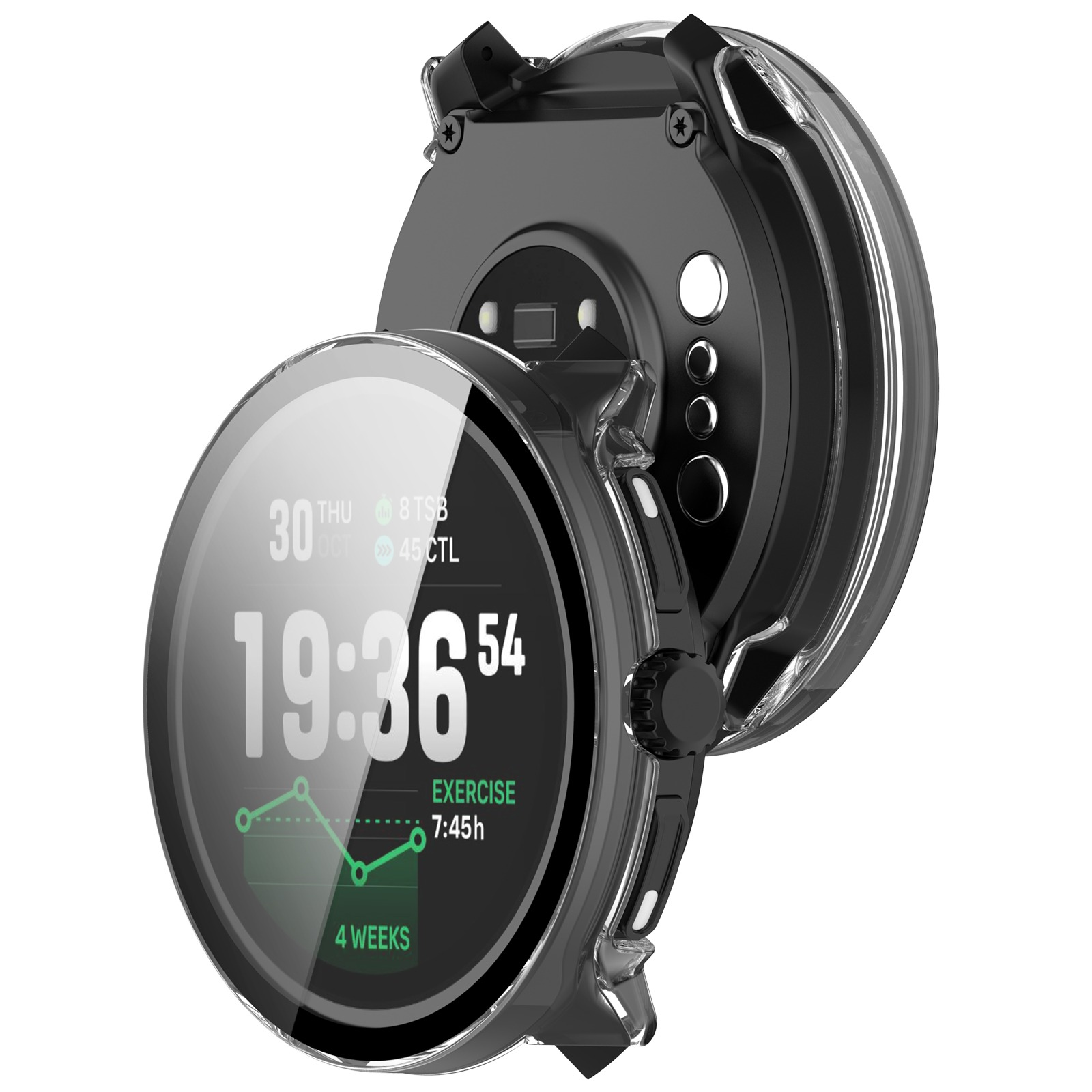 Uno smartwatch con custodia trasparente che mostra ora, data e dati di allenamento su sfondo nero.