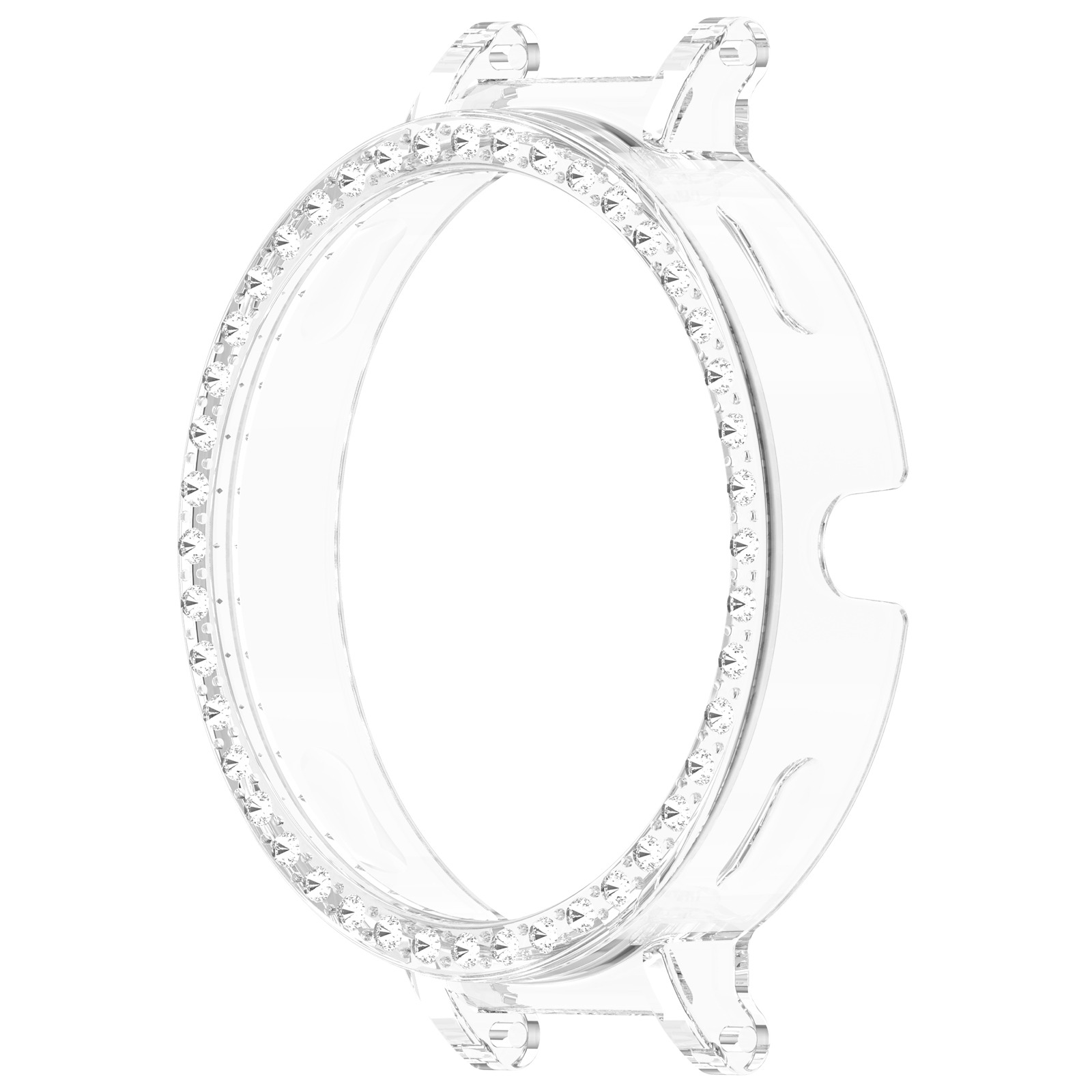 Custodia trasparente per orologio con un anello di piccole gemme trasparenti. La custodia è trasparente.