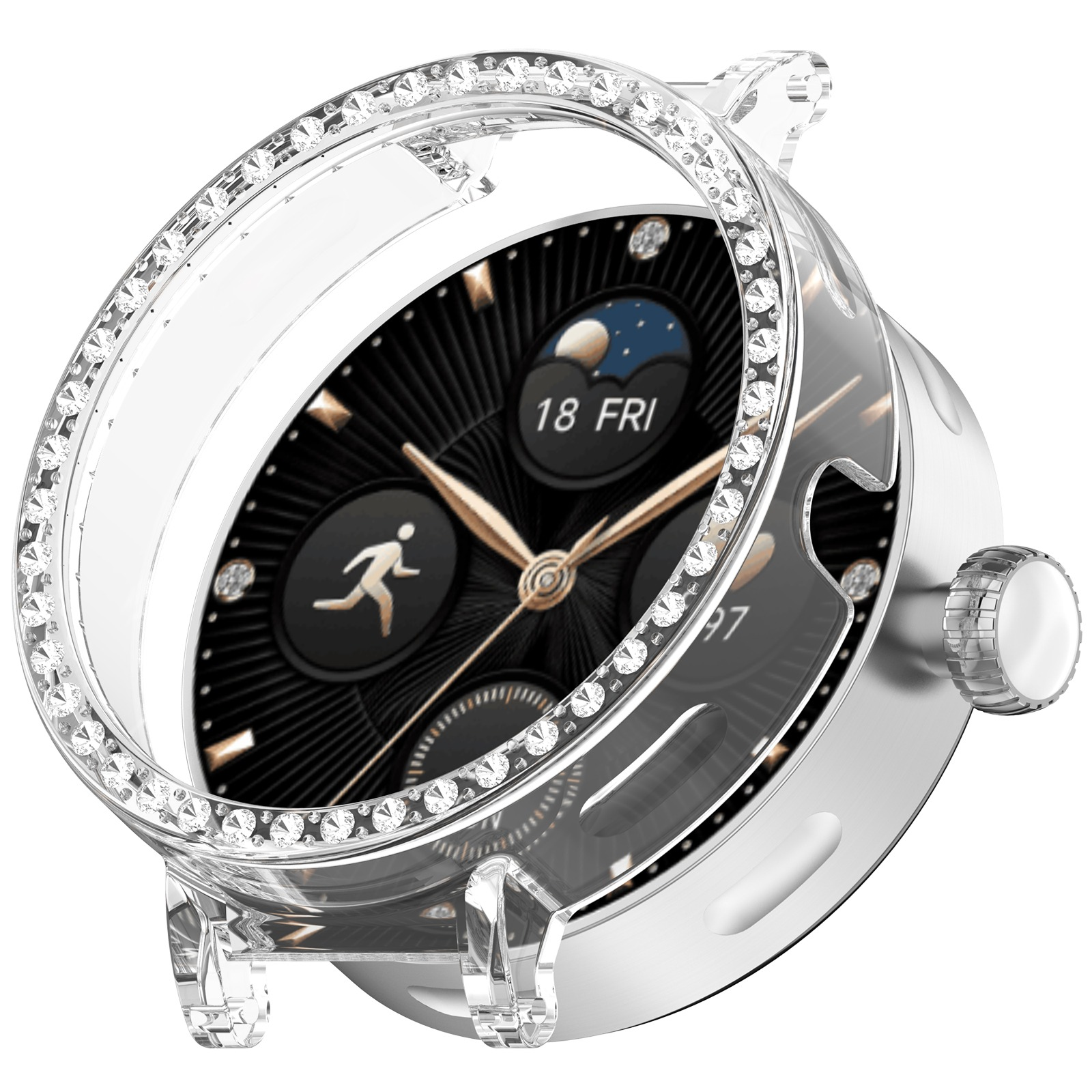 Smartwatch argentato con quadrante nero, lancette dorate e lunetta trasparente con diamanti.