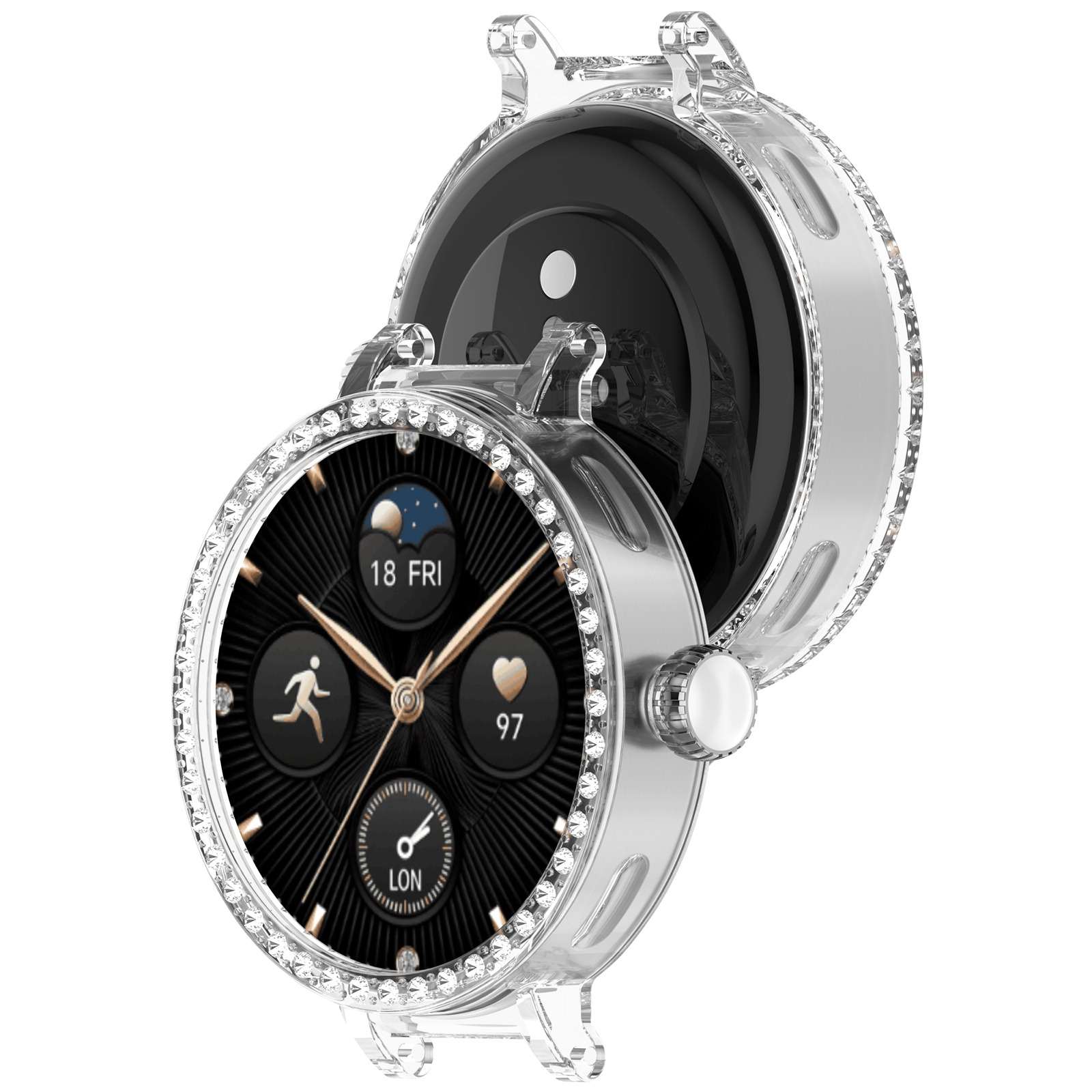 Uno smartwatch con quadrante nero, lunetta in cristallo e copertura trasparente parzialmente aperta, che mostra la data e altri dati.
