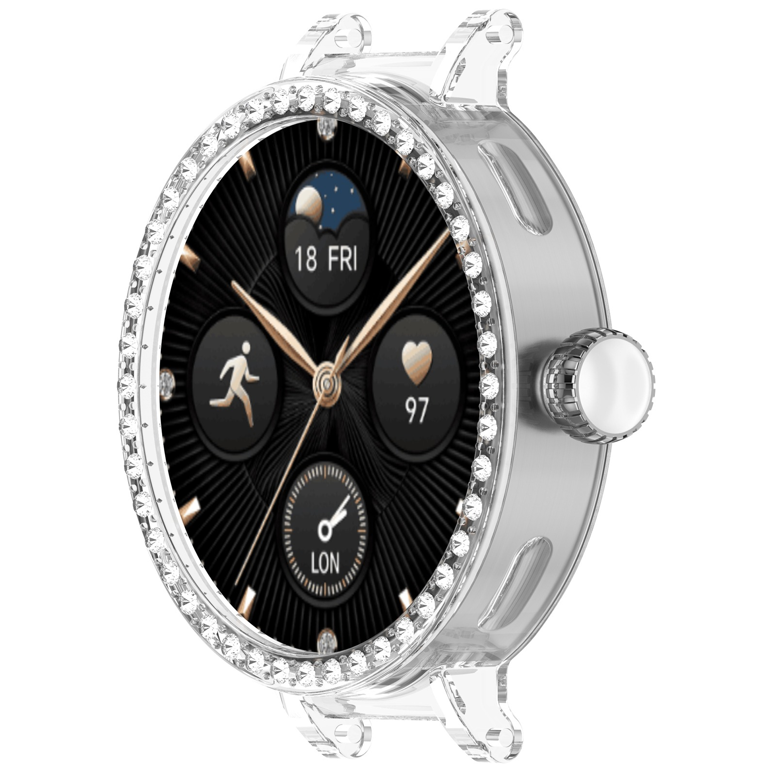 Uno smartwatch argentato con quadrante nero, lunetta di diamanti e cinturini trasparenti. Il display mostra ora, data e icone di attività.