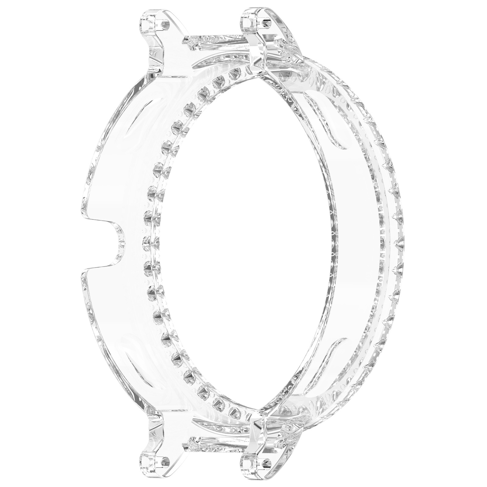 Una custodia per orologio trasparente. Ha una forma circolare con bordi rialzati e piccoli dettagli decorativi.