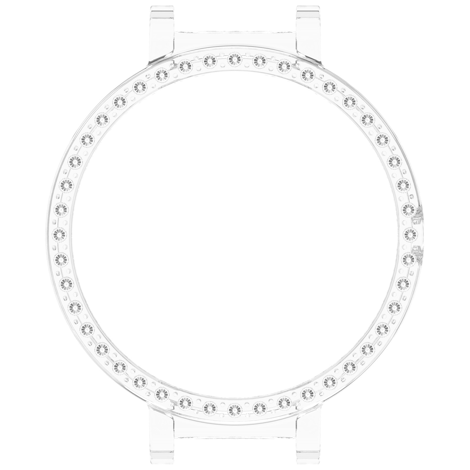Una lunetta per orologio circolare trasparente con cristalli incastonati. La lunetta ha punti di attacco in alto e in basso. Lo sfondo è bianco.