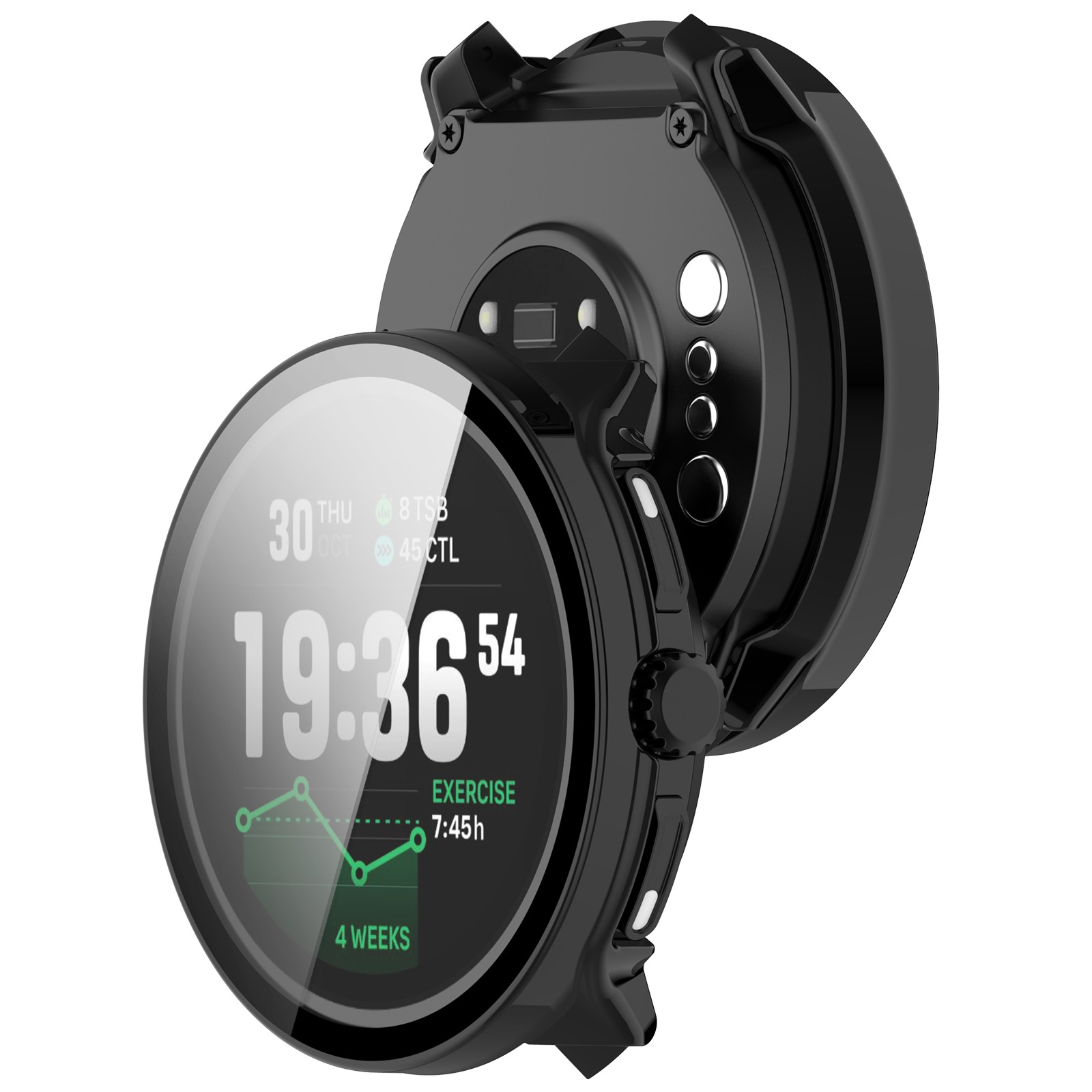 Smartwatch nero che mostra ora, data e dati di esercizio. Vengono mostrati due orologi, uno con il retro esposto.