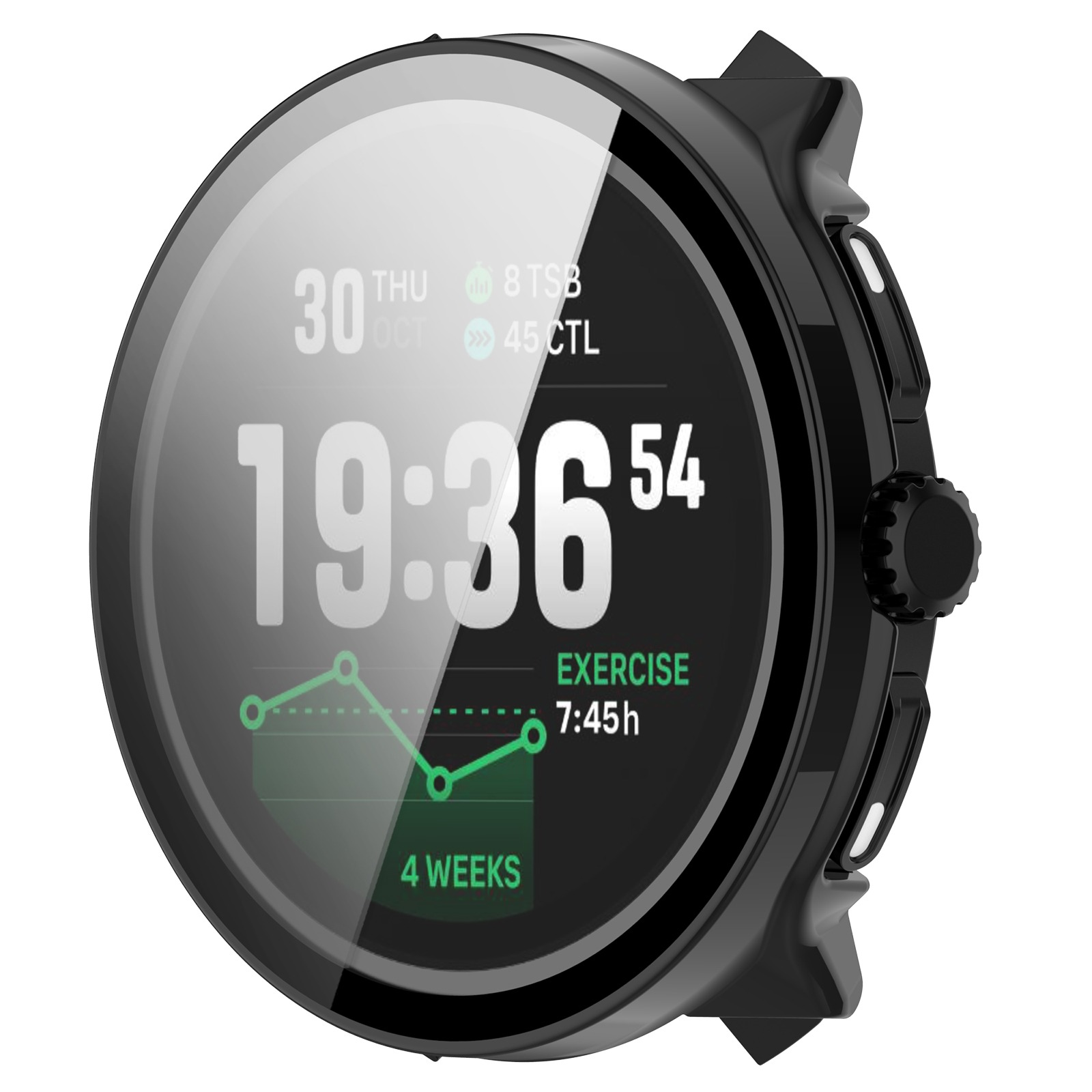 Smartwatch nera con display digitale che mostra ora, data e dati di esercizio, incluso un grafico verde.
