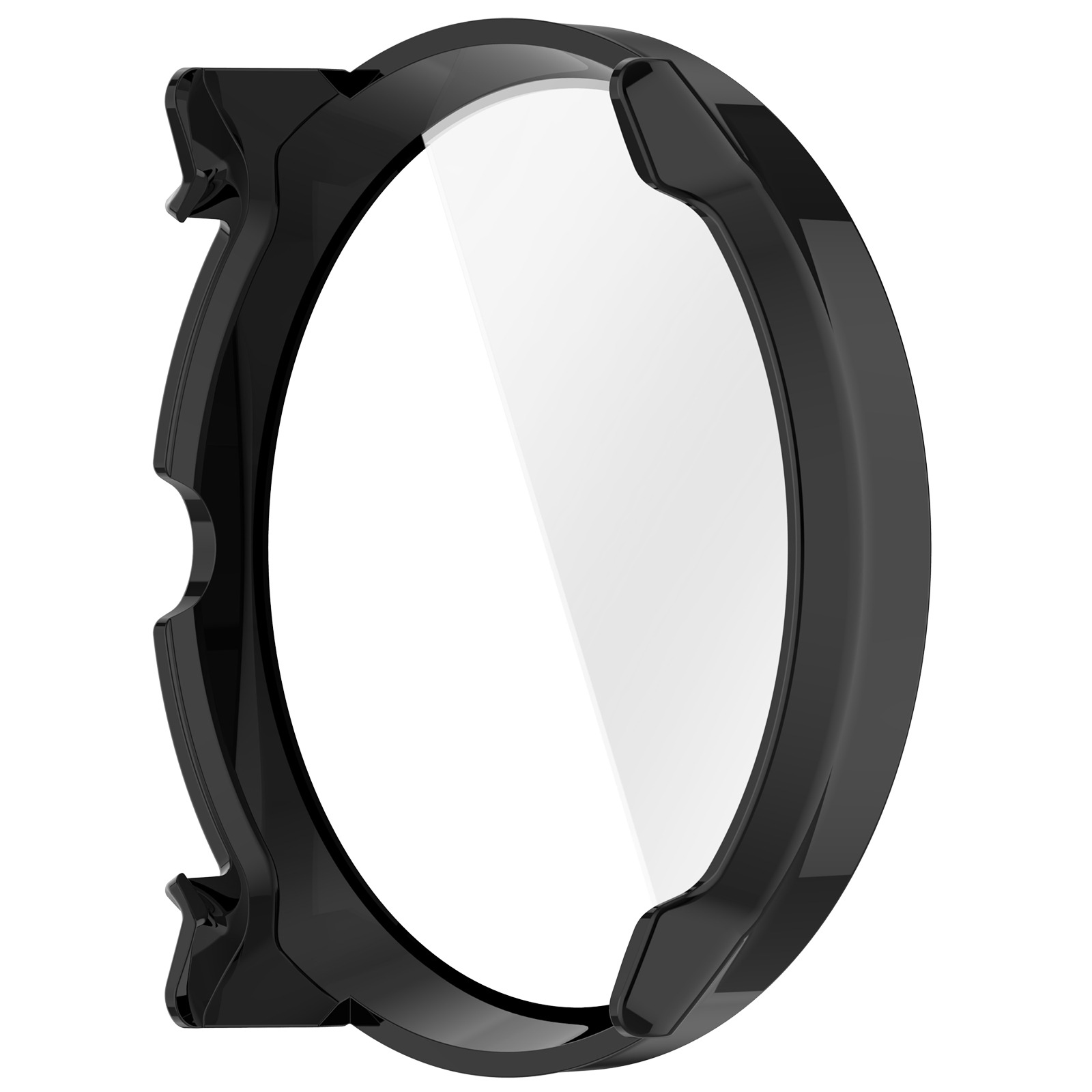Lunetta nera per smartwatch con schermo trasparente. Ha una forma ovale con finitura lucida. Lo sfondo è bianco.
