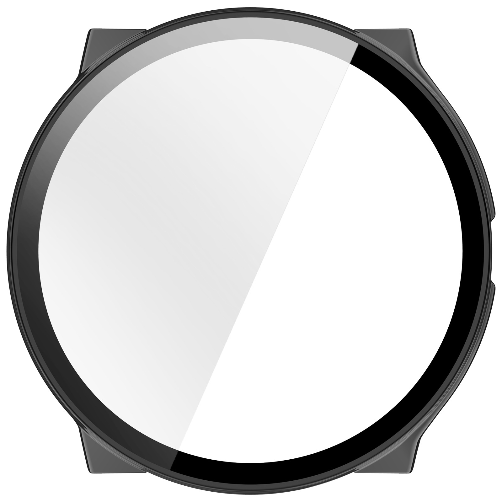 Uno smartwatch nero con protezione schermo rotonda. Lo schermo è bianco e il corpo grigio scuro.